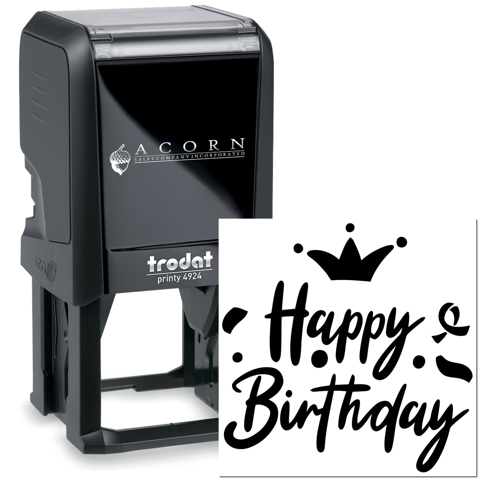 Custom Happy Birthday self-inking rubber stamp, Trodat Printy 4924, for personalized cards and party favors.