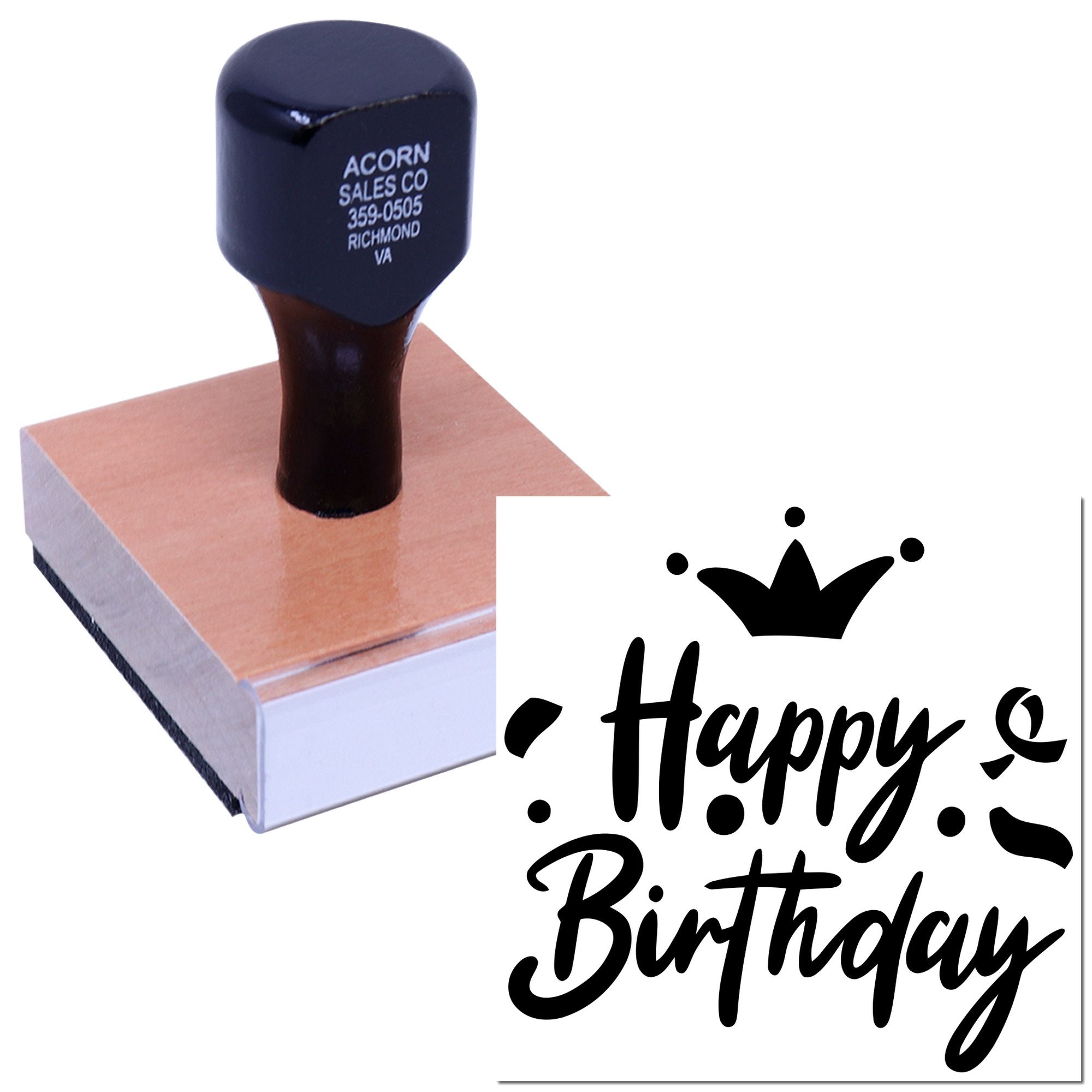 Custom rubber stamp with Happy Birthday design, shown stamping on a block for personalized birthday cards and party invitations.