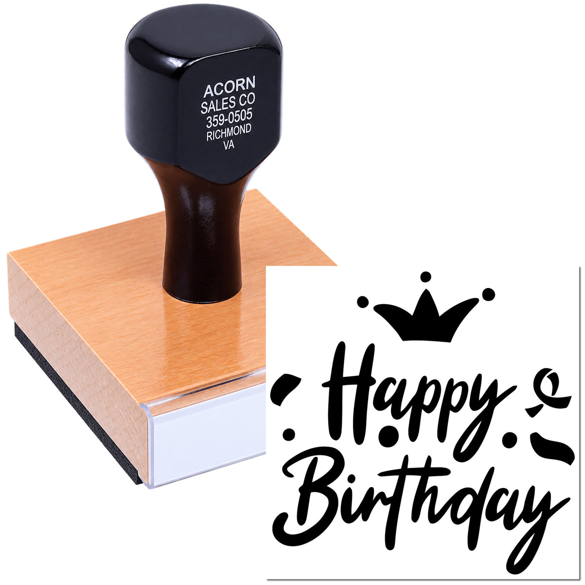 Custom rubber stamp with Happy Birthday design, shown stamping on a block for personalized birthday cards and party invitations.