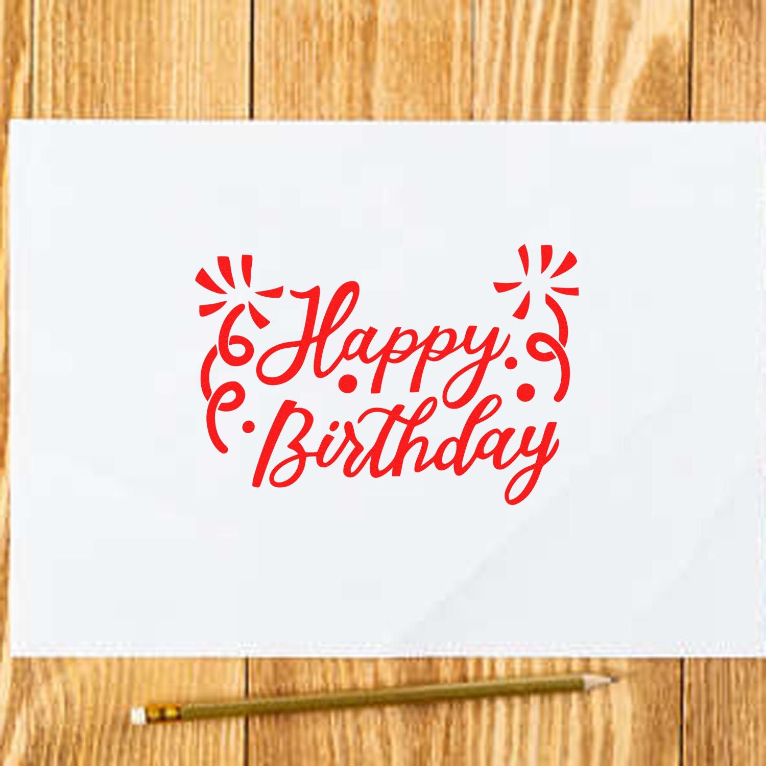 Happy Birthday rubber stamp design in red script for handmade birthday cards, scrapbooking, and craft projects.
