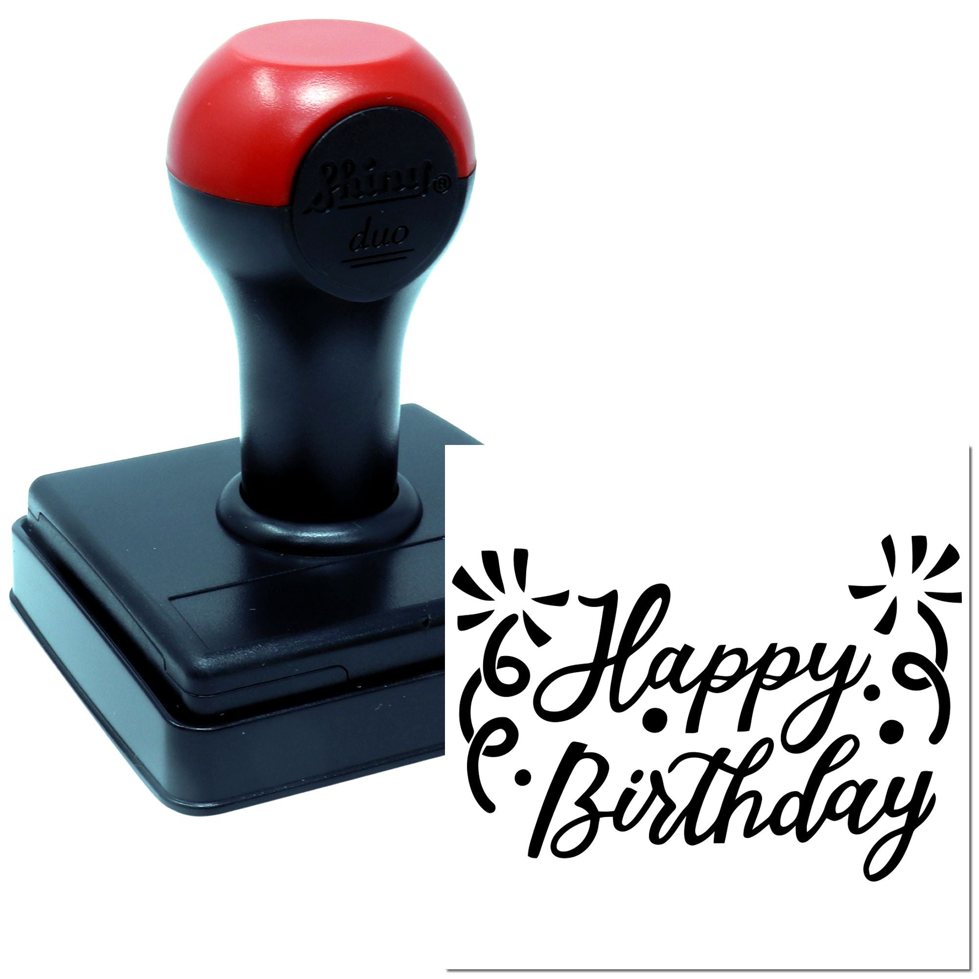 Self-inking Happy Birthday rubber stamp for cards, invitations, and handmade crafts.