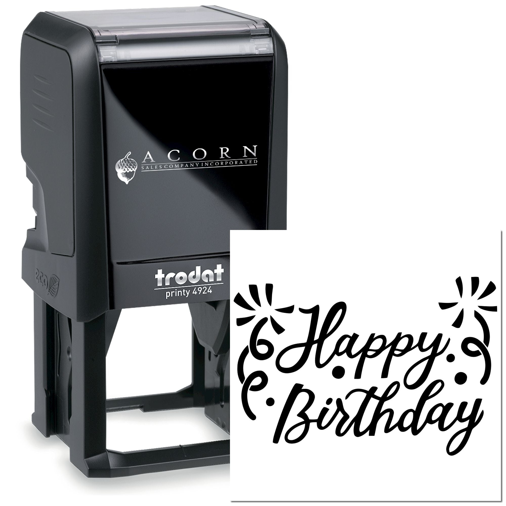 Self-inking Trodat Printy 4924 rubber stamp with custom Happy Birthday imprint for birthday cards and party stationery
