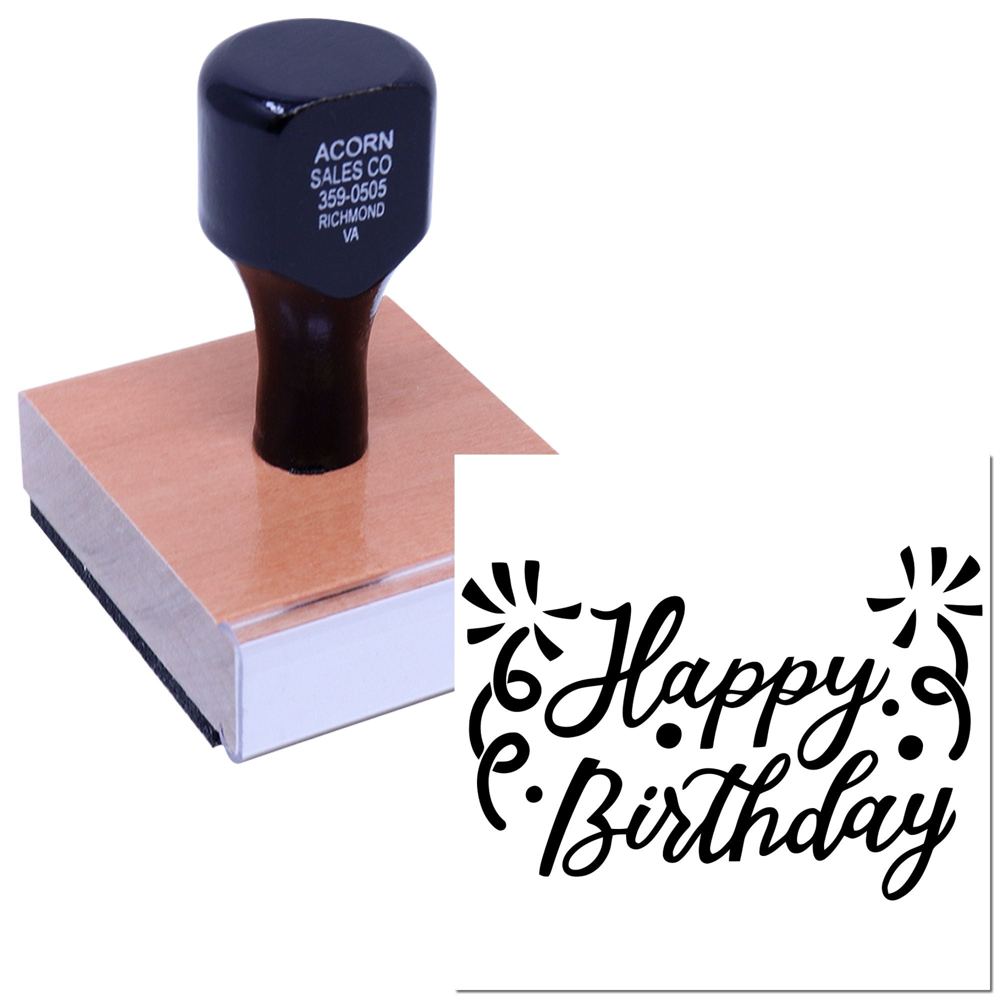 Custom Happy Birthday rubber stamp with decorative script for greeting cards, invitations, and DIY craft projects