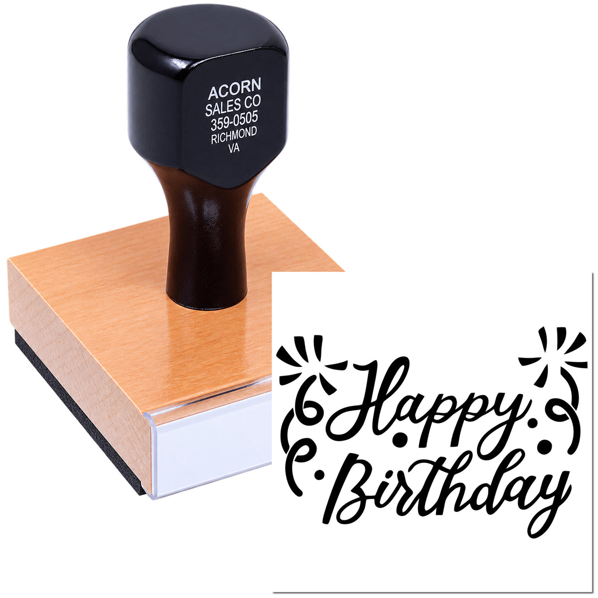 Custom Happy Birthday rubber stamp with decorative script for greeting cards, invitations, and DIY craft projects