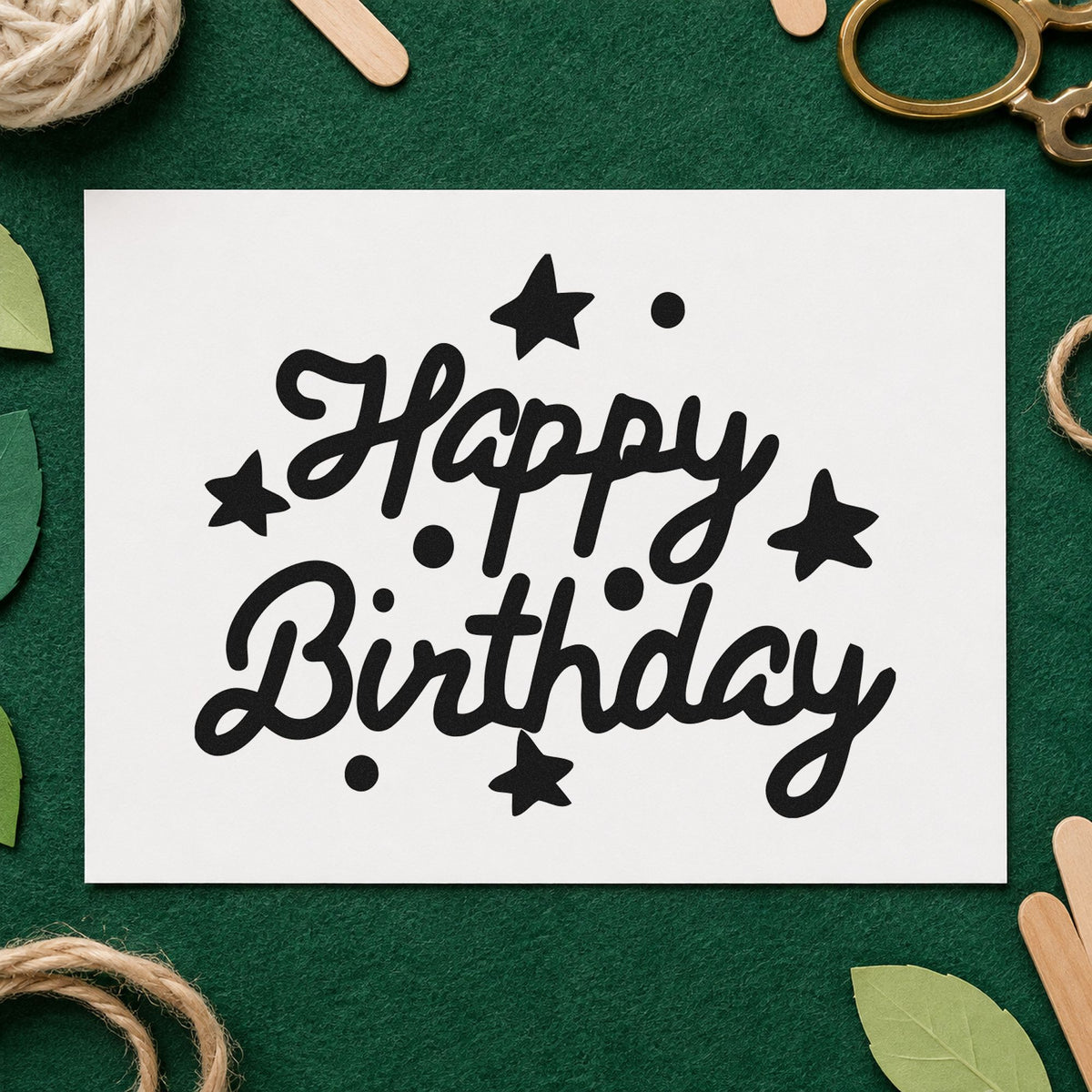 Happy Birthday Stars Dots craft stamp in black ink on cardstock, an easy option for trip album page.