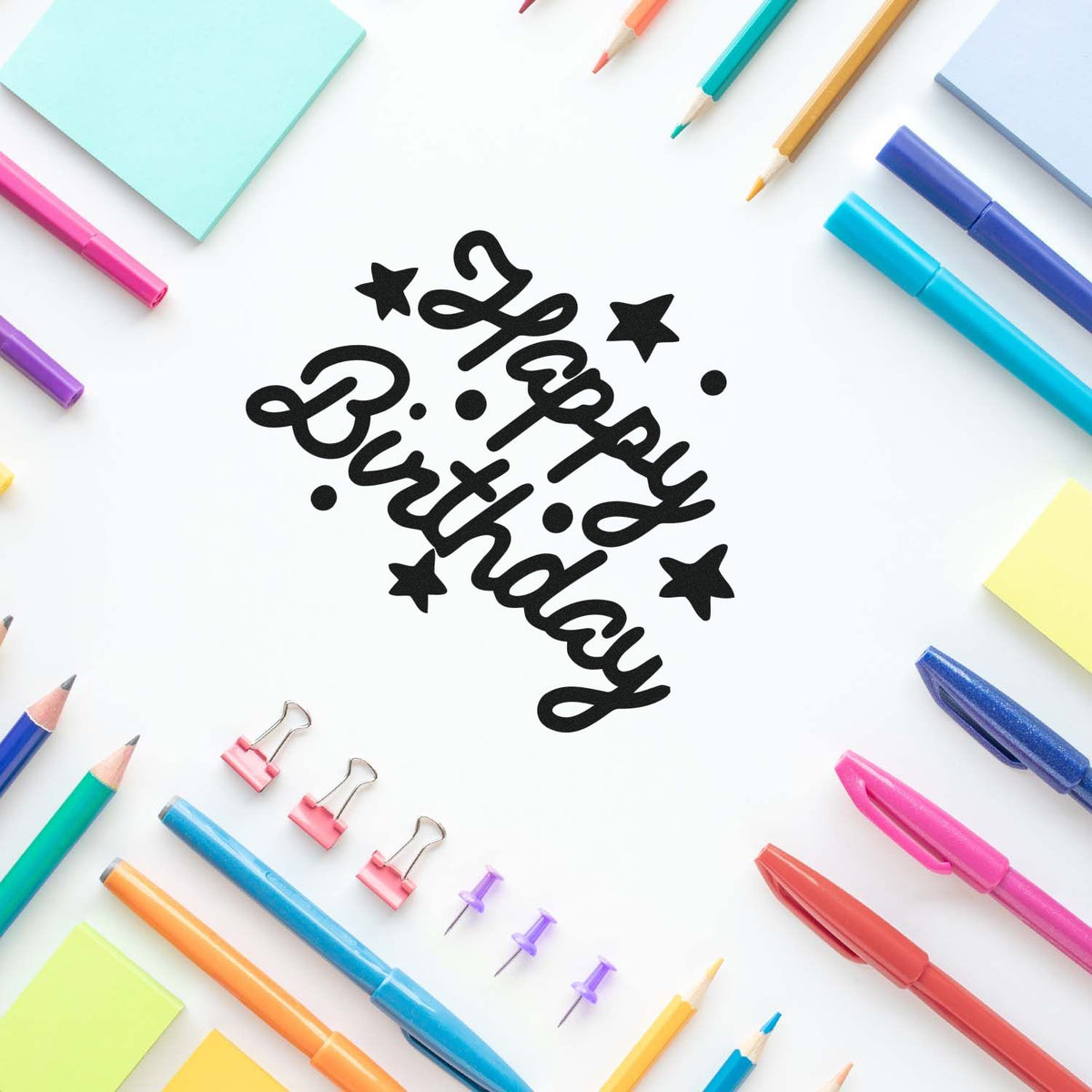Happy Birthday Stars Dots Premium Wooden Stamp - Vintage Pro imprint stamped in black ink. Happy Birthday appears in bold script surrounded by solid stars and dots.