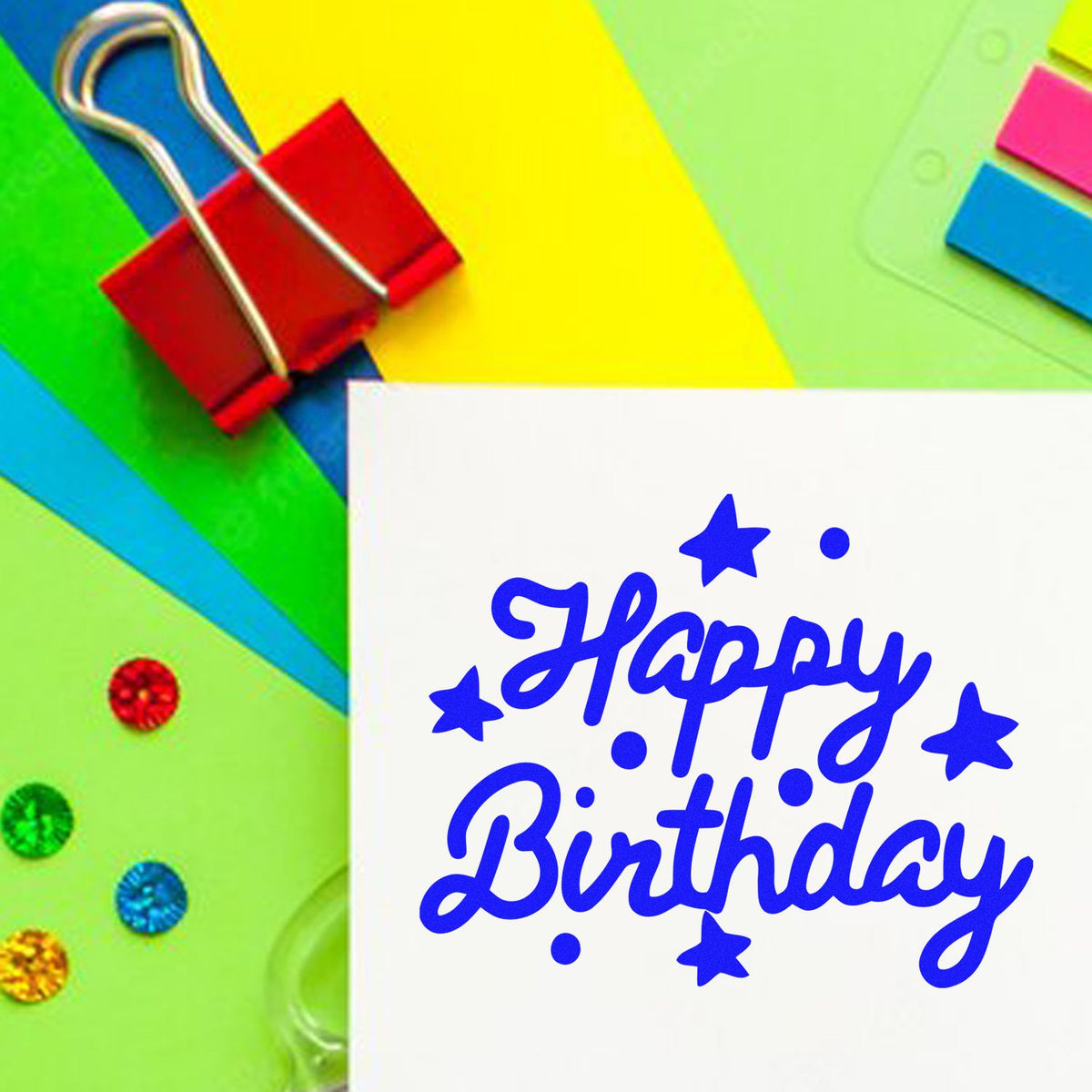 Happy Birthday Stars Dots rubber stamp shown in blue ink, stamped for projects such as trip album page.
