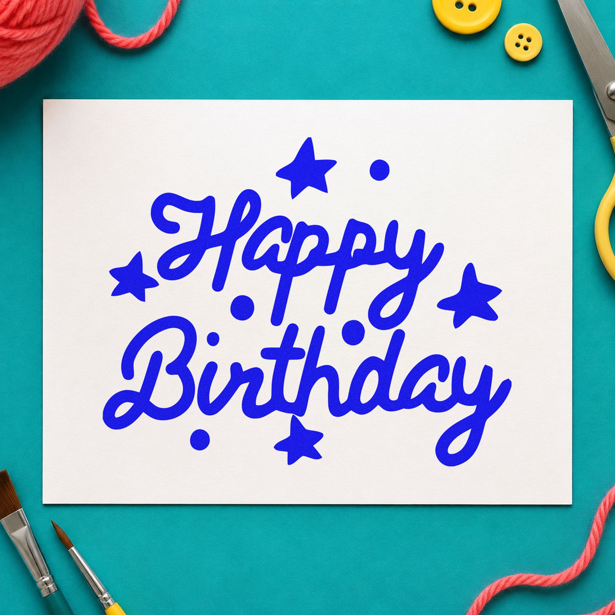 Happy Birthday Stars Dots craft stamp in blue ink on cardstock, an easy option for tent flag printing.