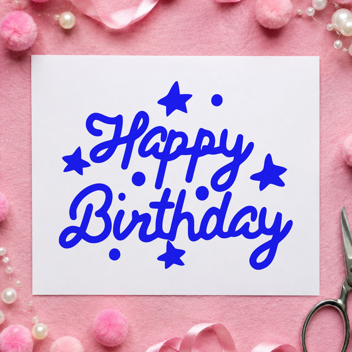 Happy Birthday Stars Dots craft stamp imprinted in blue ink on paper, a design suited to framed hall corner.