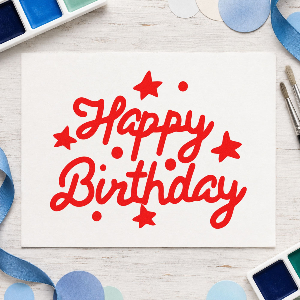 Happy Birthday Stars Dots rubber stamp shown in red ink, stamped for projects such as bin gear labels.