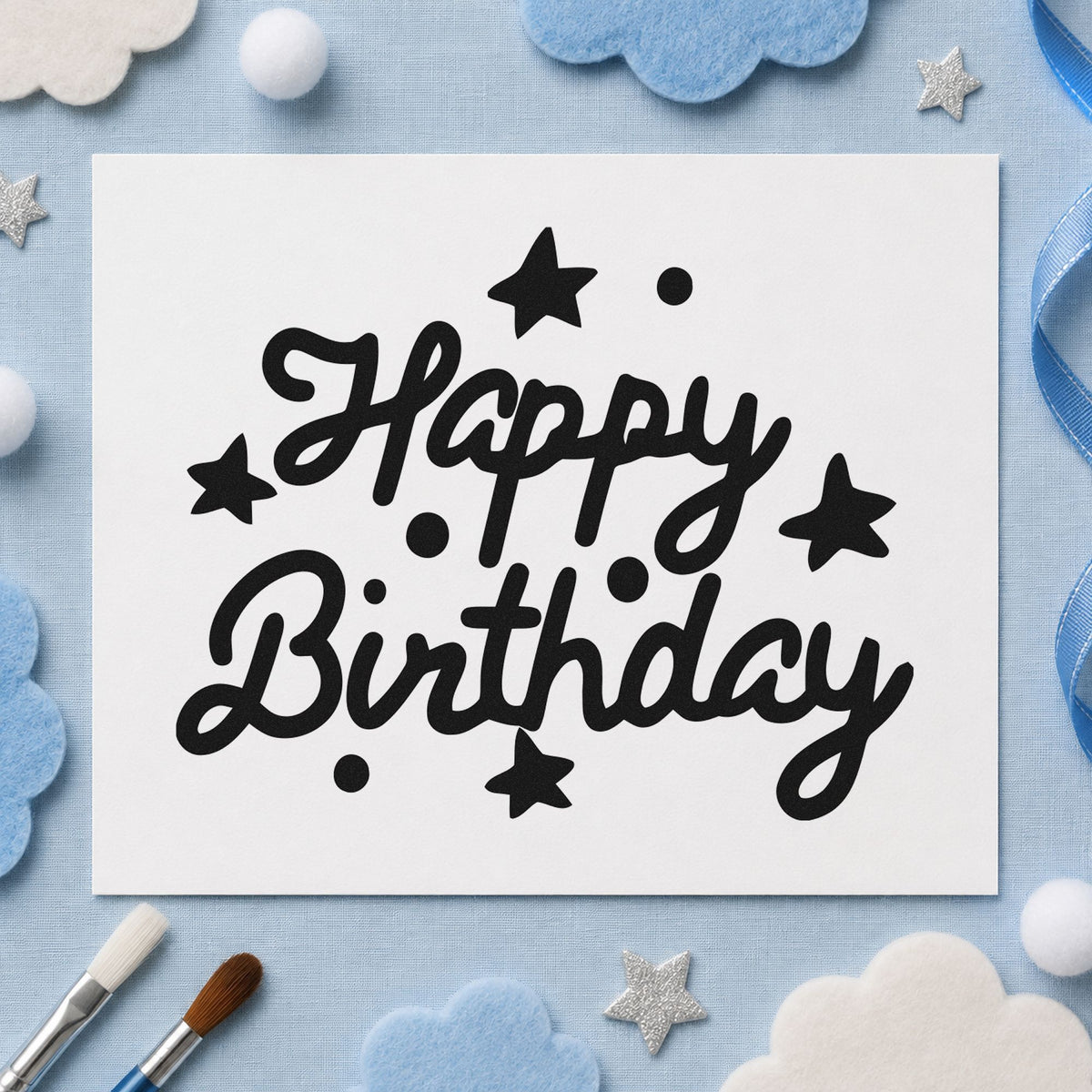 Happy Birthday Stars Dots rubber stamp printed in black ink, ready for solid star cards and similar paper crafts.