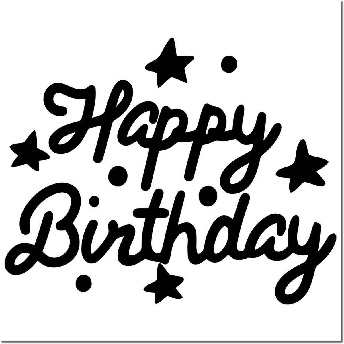 Happy Birthday rubber stamp design with stars and dots, perfect for greeting cards, party favors, and craft projects.