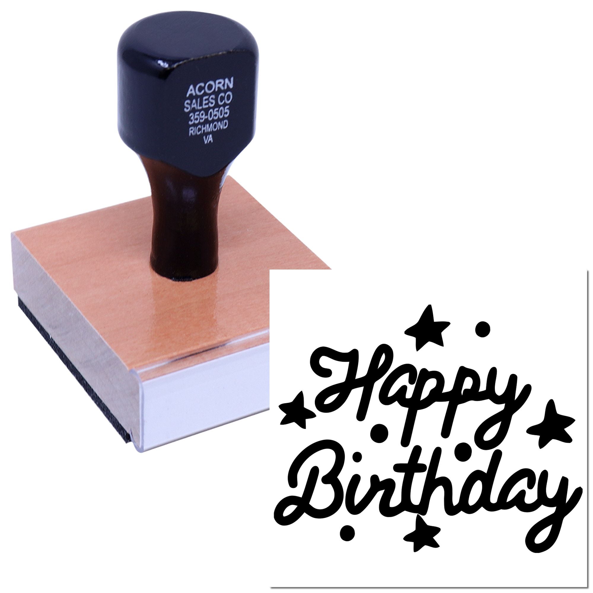 Custom Happy Birthday rubber stamp with stars, shown with wood block and stamped impression.