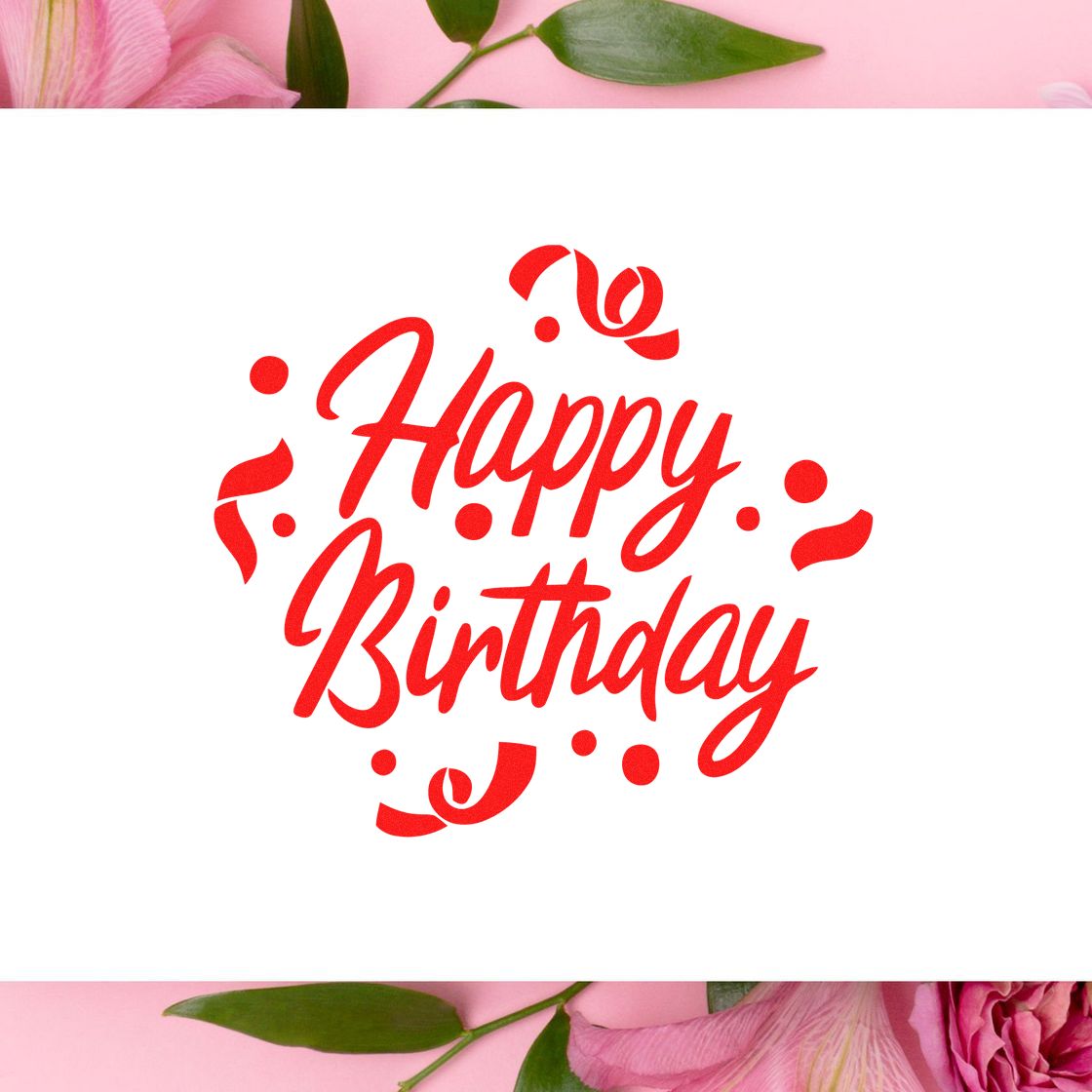 Happy Birthday rubber stamp design in red script with confetti, perfect for handmade birthday cards and party invitations.