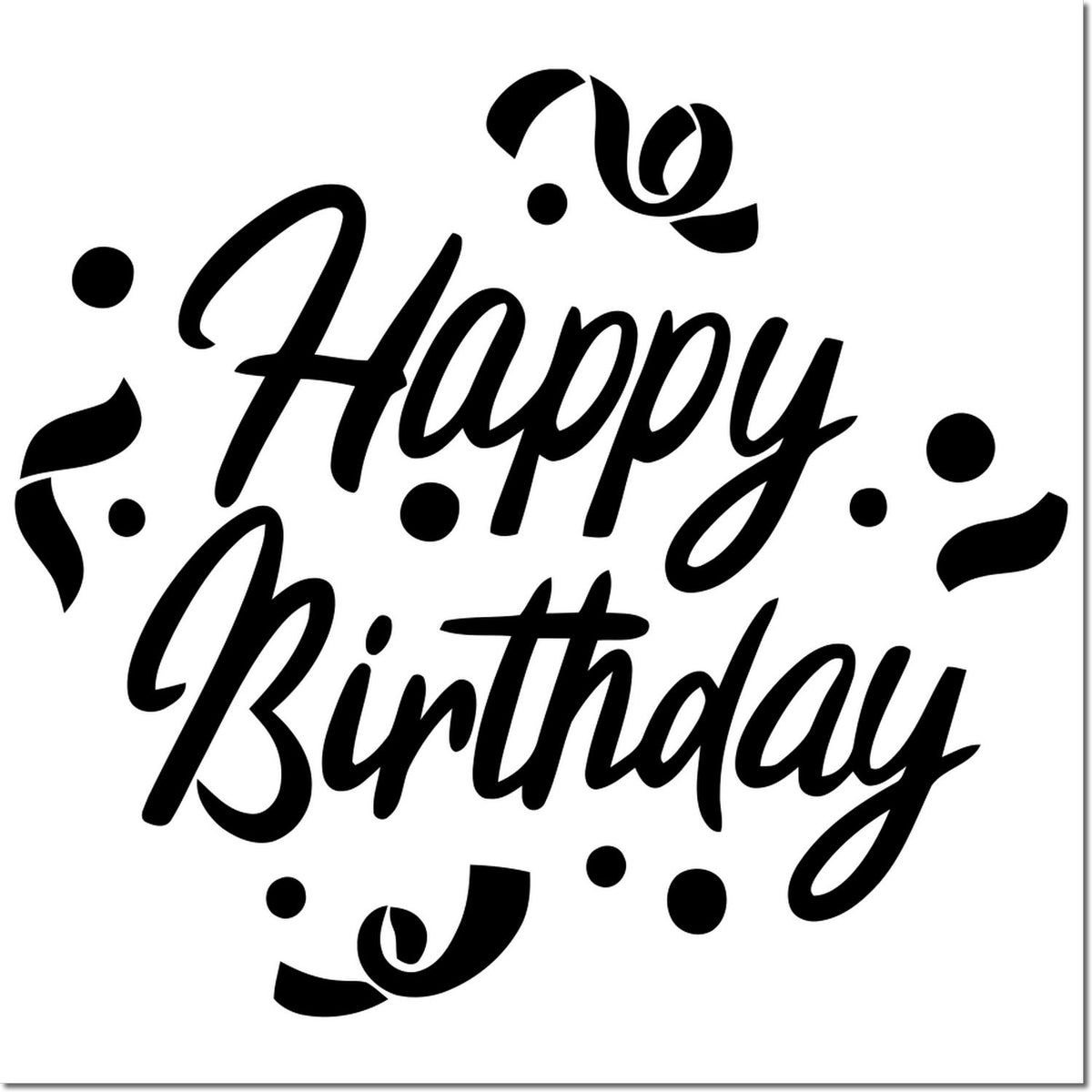 Happy Birthday rubber stamp design in decorative script with confetti accents for cards, crafts, and celebrations.
