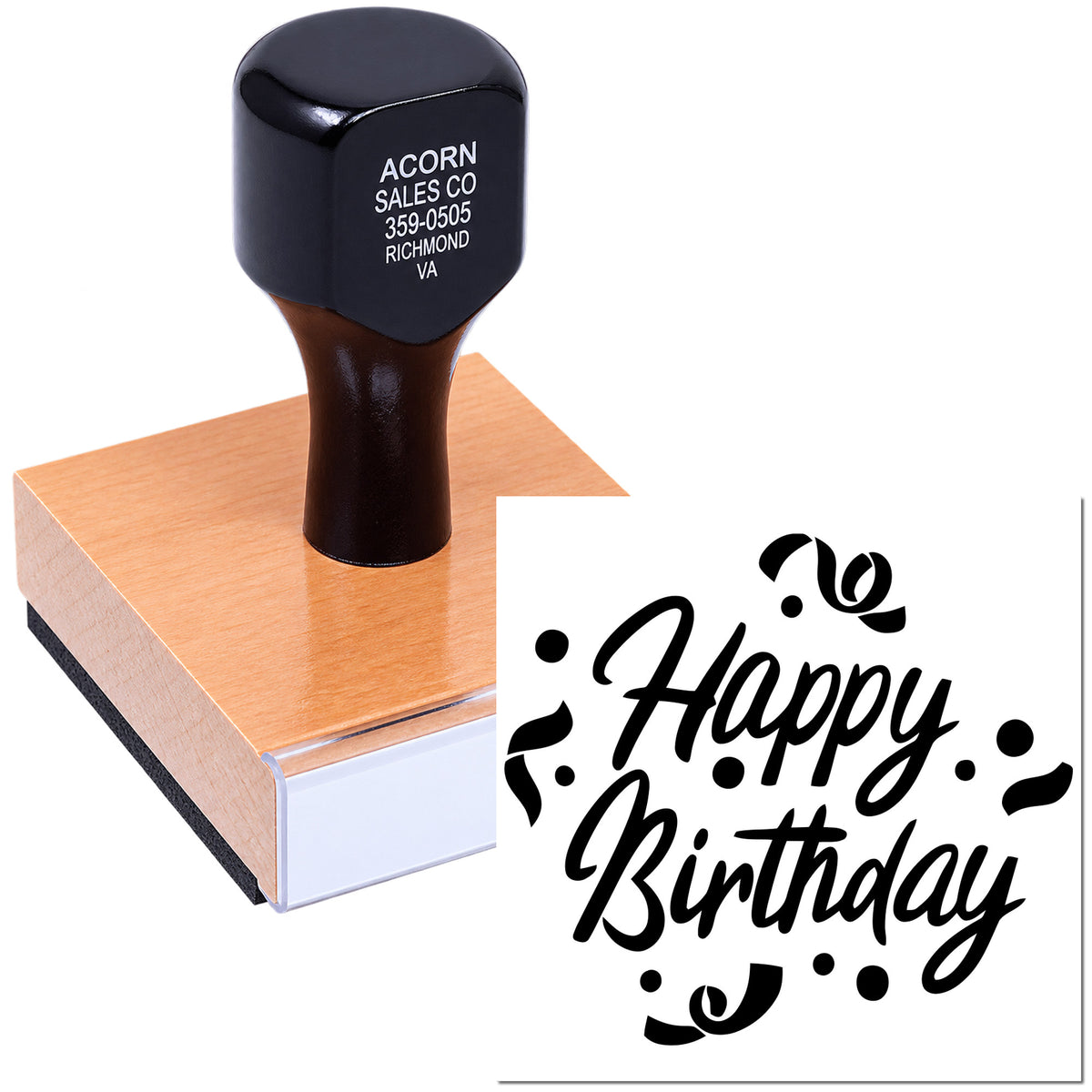 Custom Happy Birthday rubber stamp with floral script design for cards, invitations, crafts, and birthday packaging.