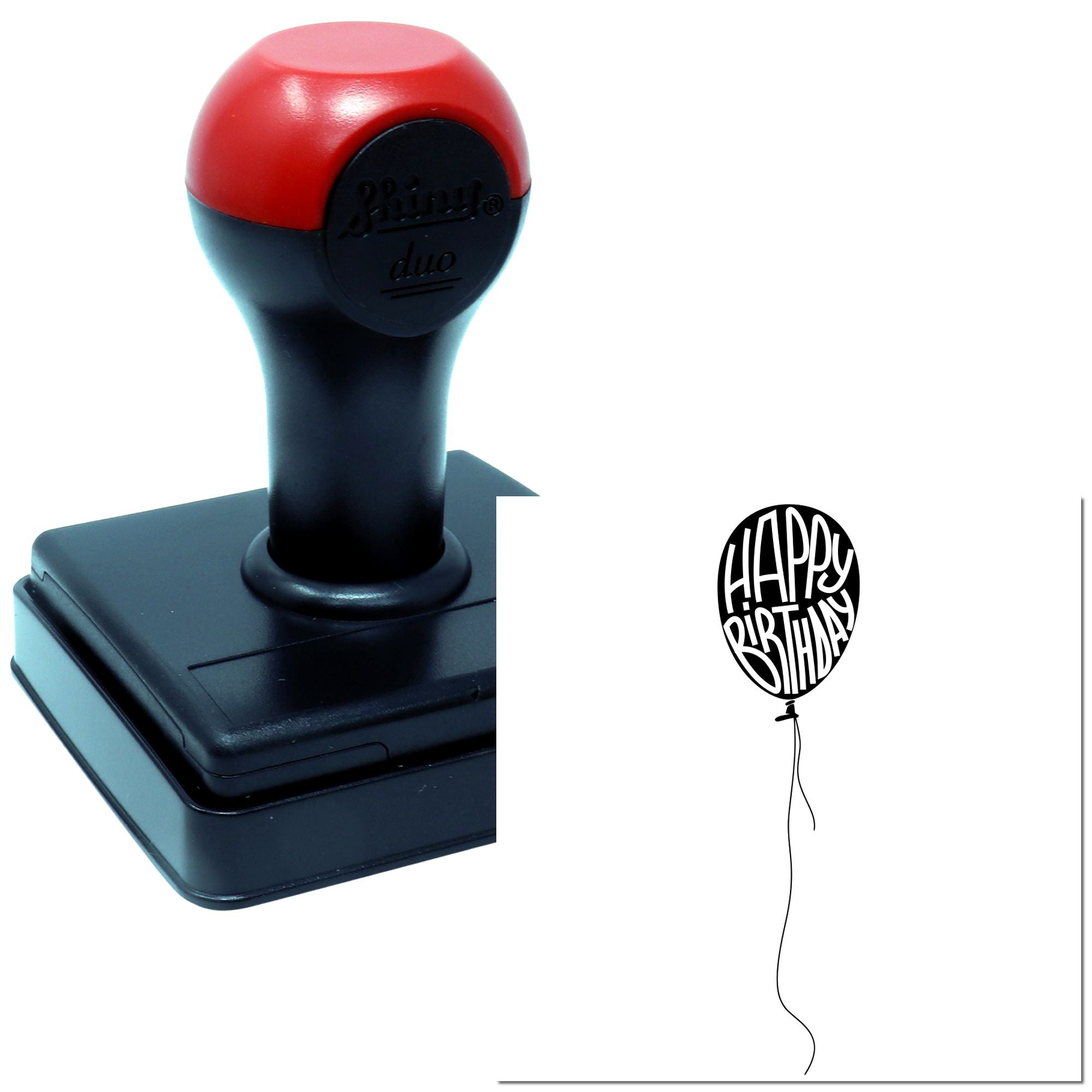 Custom self-inking rubber stamp with Happy Birthday balloon design for personalized party invitations, cards, and gift packaging.