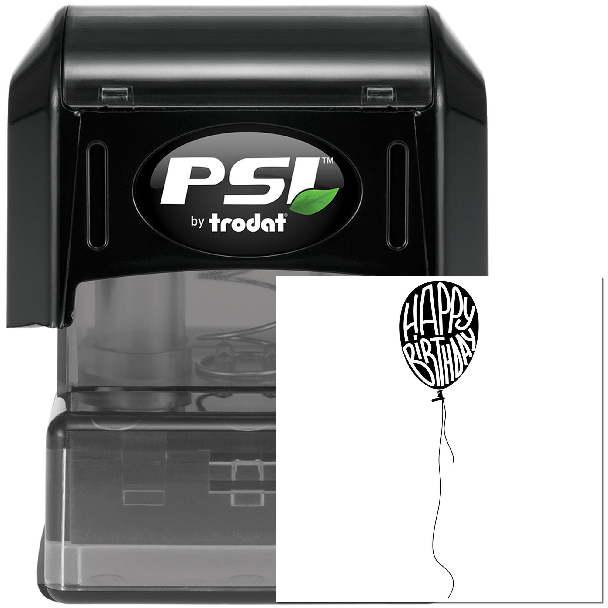 PSI by Trodat self-inking rubber stamp with Happy Birthday balloon design for custom birthday cards and packaging.