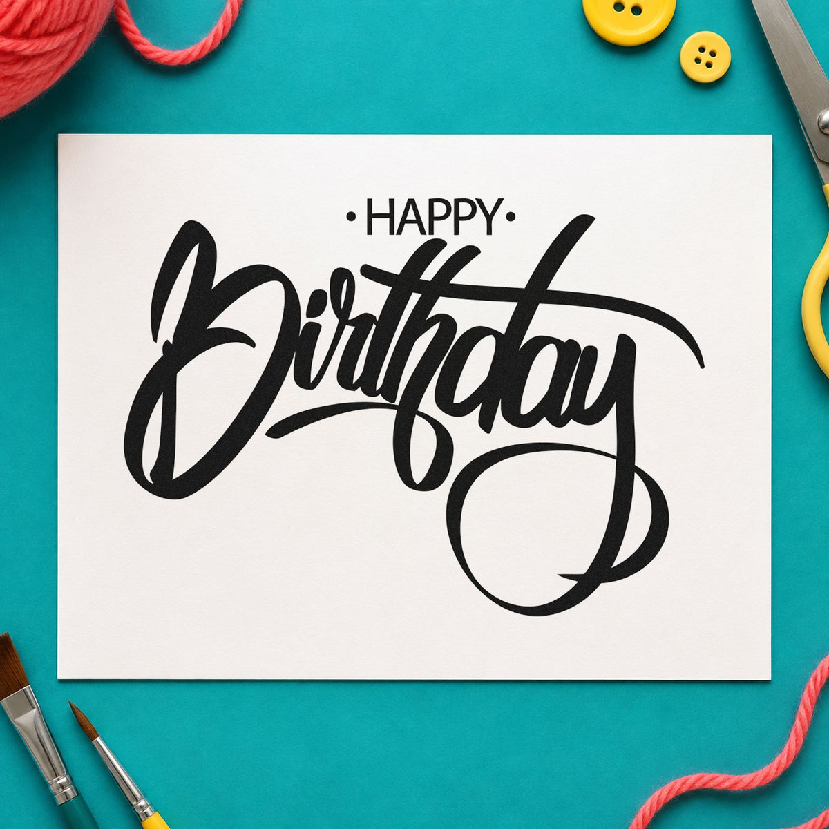 Birthday Large Loop Script craft stamp imprint in black ink on a handmade project, one idea being finished board tags.