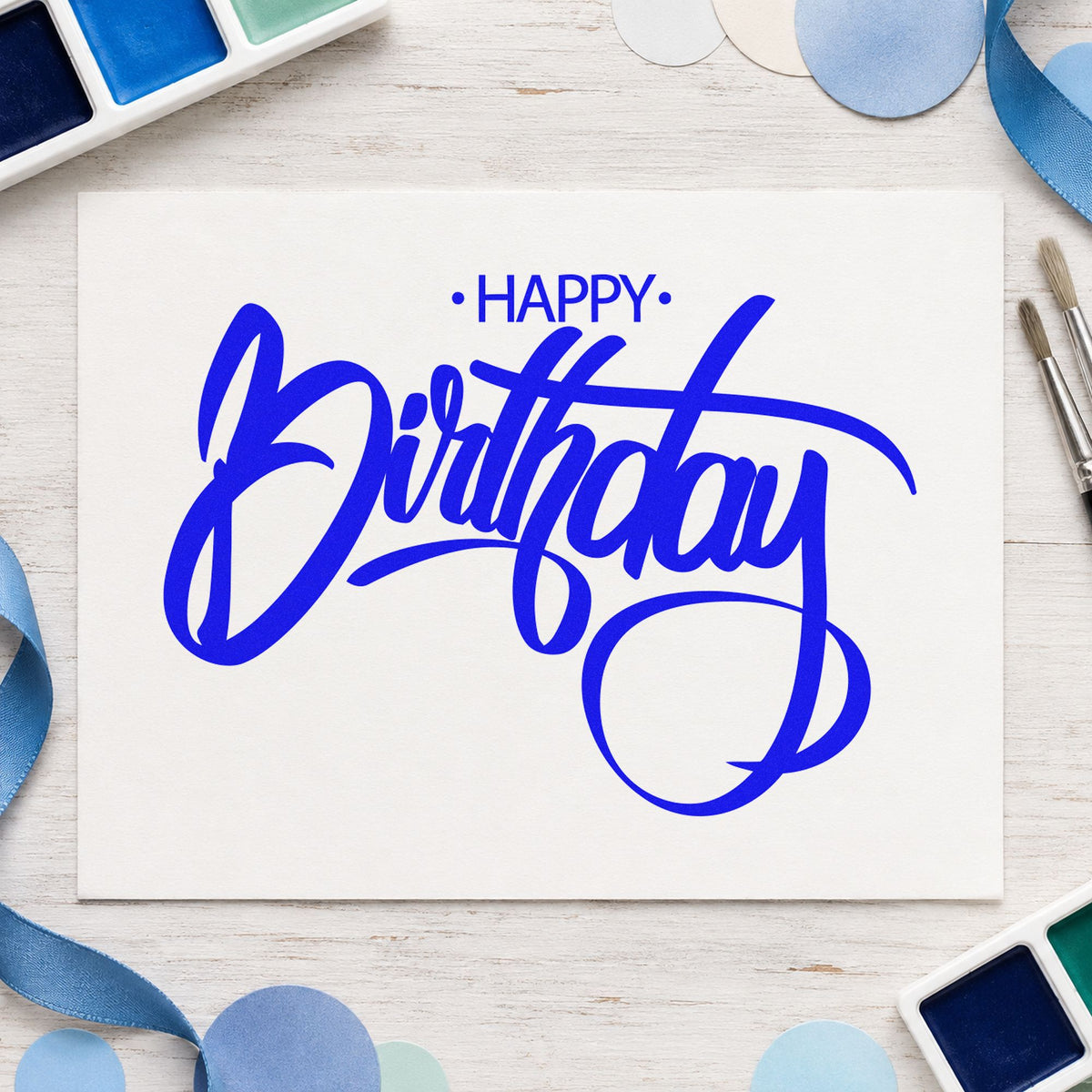 Birthday Large Loop Script craft stamp in blue ink on cardstock, an easy option for work smock printing.