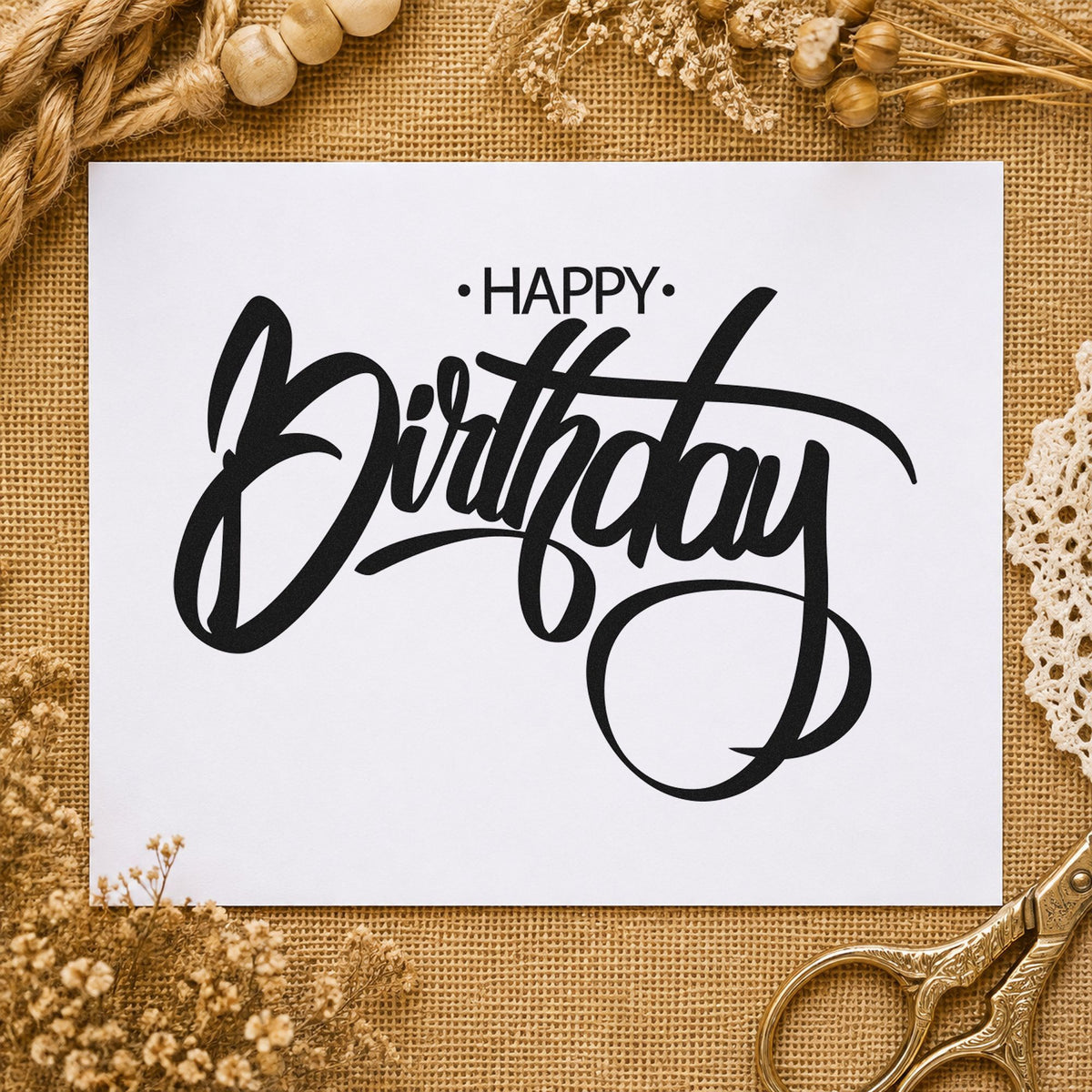 Birthday Large Loop Script rubber stamp printed in black ink, ready for looping descender cards and similar paper crafts.