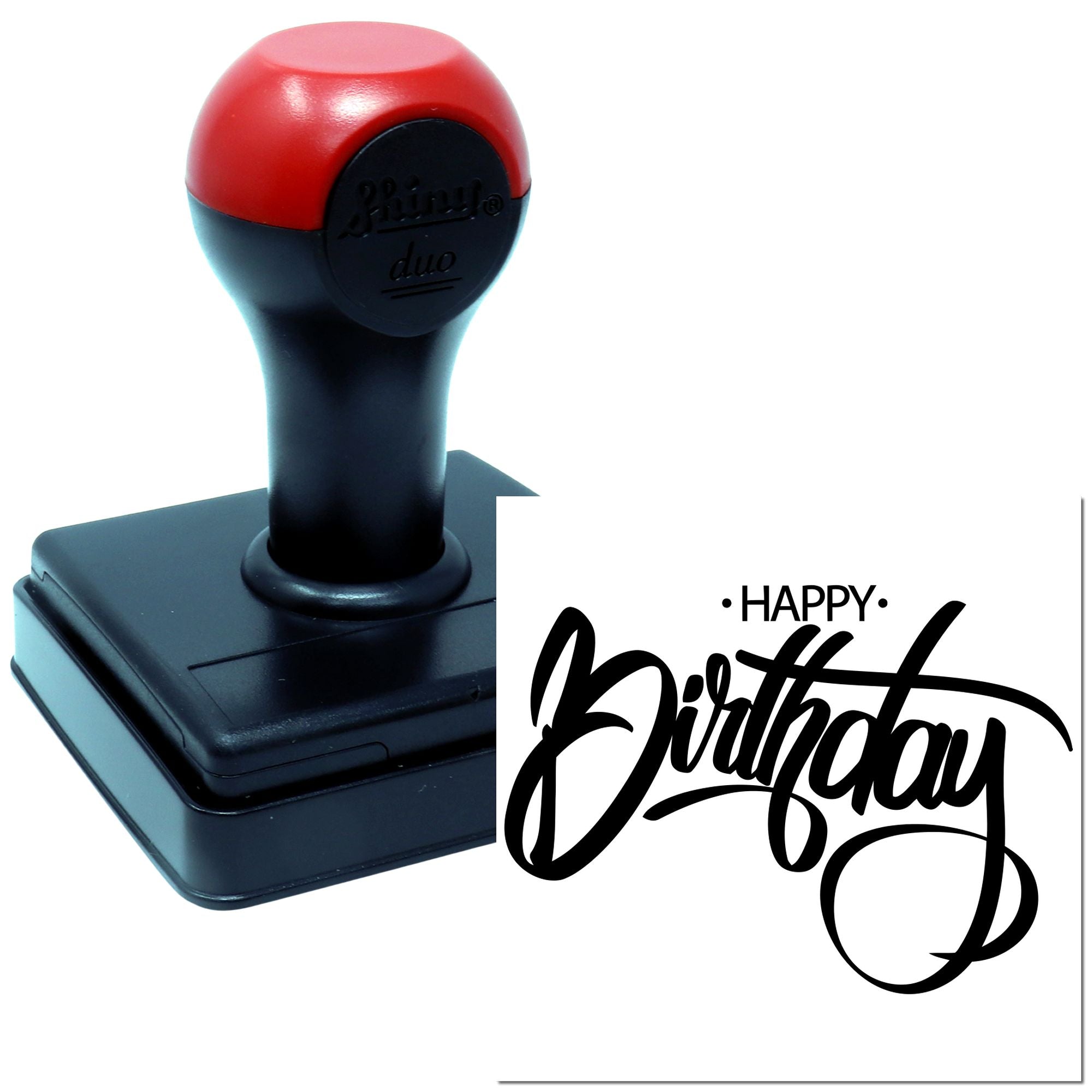 Custom self-inking rubber stamp with Happy Birthday script design for cards, crafts, and party invitations.