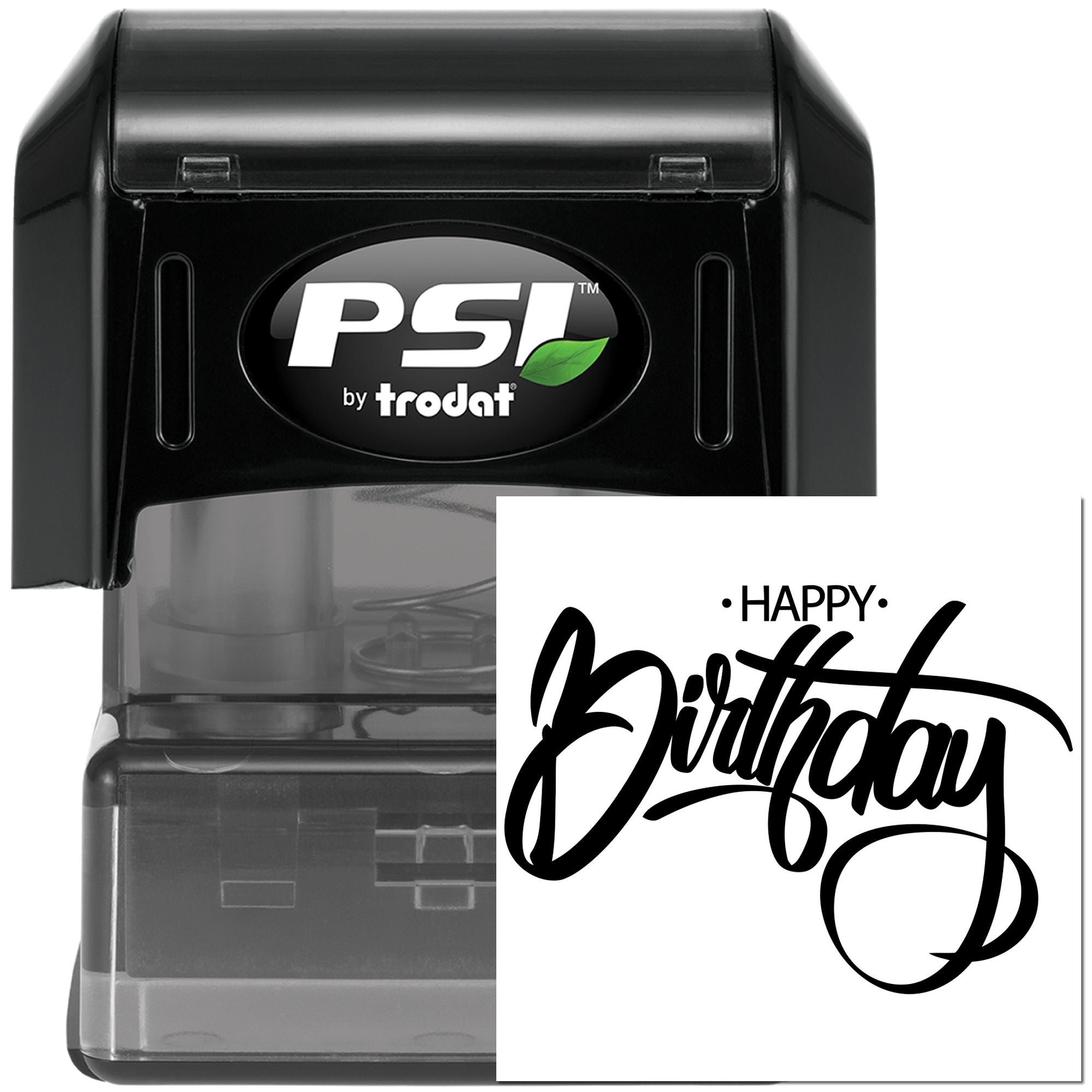 PSI by Trodat self-inking rubber stamp with Happy Birthday impression for custom birthday cards and packaging.