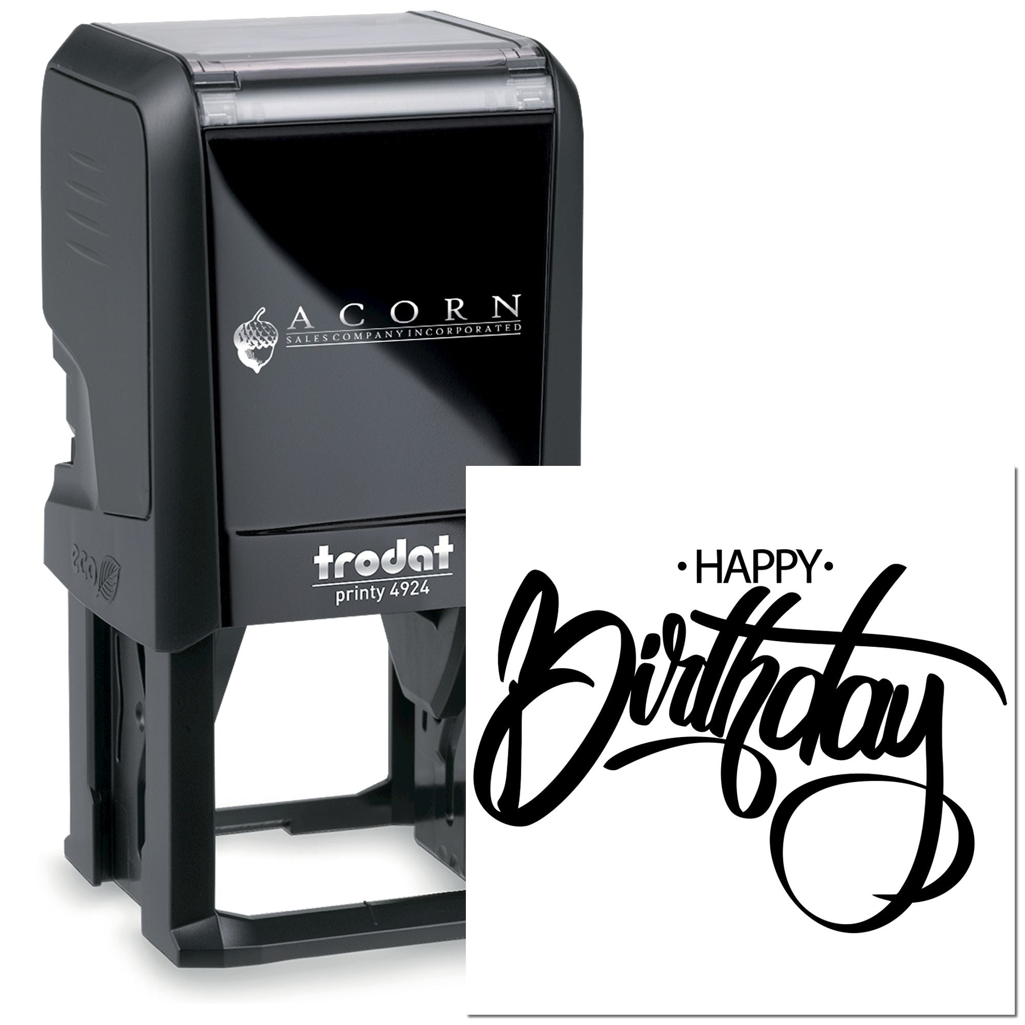 Self-inking rubber stamp with custom Happy Birthday design, ideal for personalized greeting cards and party invitations.
