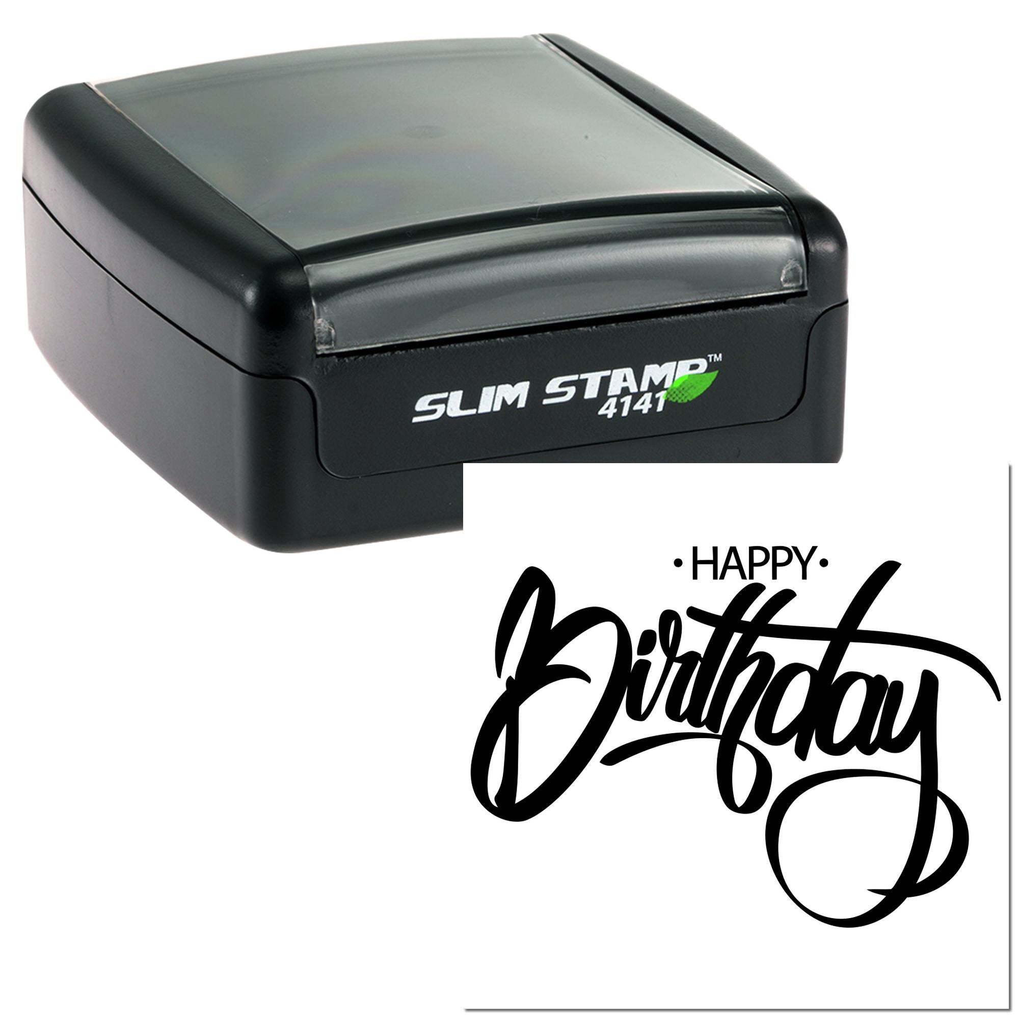 Slim self-inking rubber stamp with Happy Birthday design, ideal for greeting cards, packaging, and birthday mailings.
