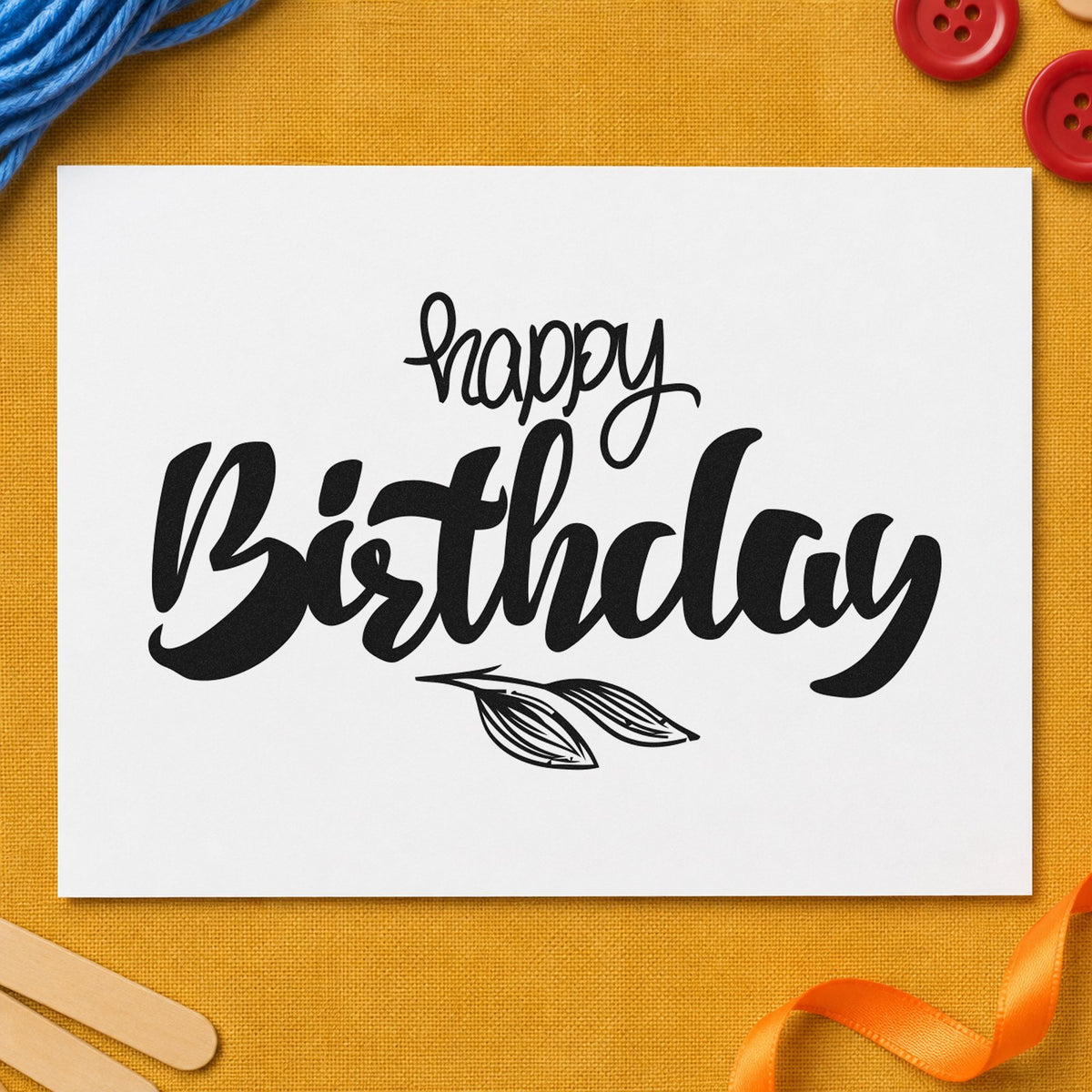 Birthday Script Leaf Sprig craft stamp imprint in black ink on a handmade project, one idea being pot gift tags.