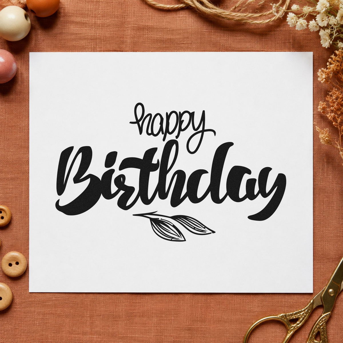 Birthday Script Leaf Sprig rubber stamp printed in black ink, ready for recipient plan sheet and similar paper crafts.