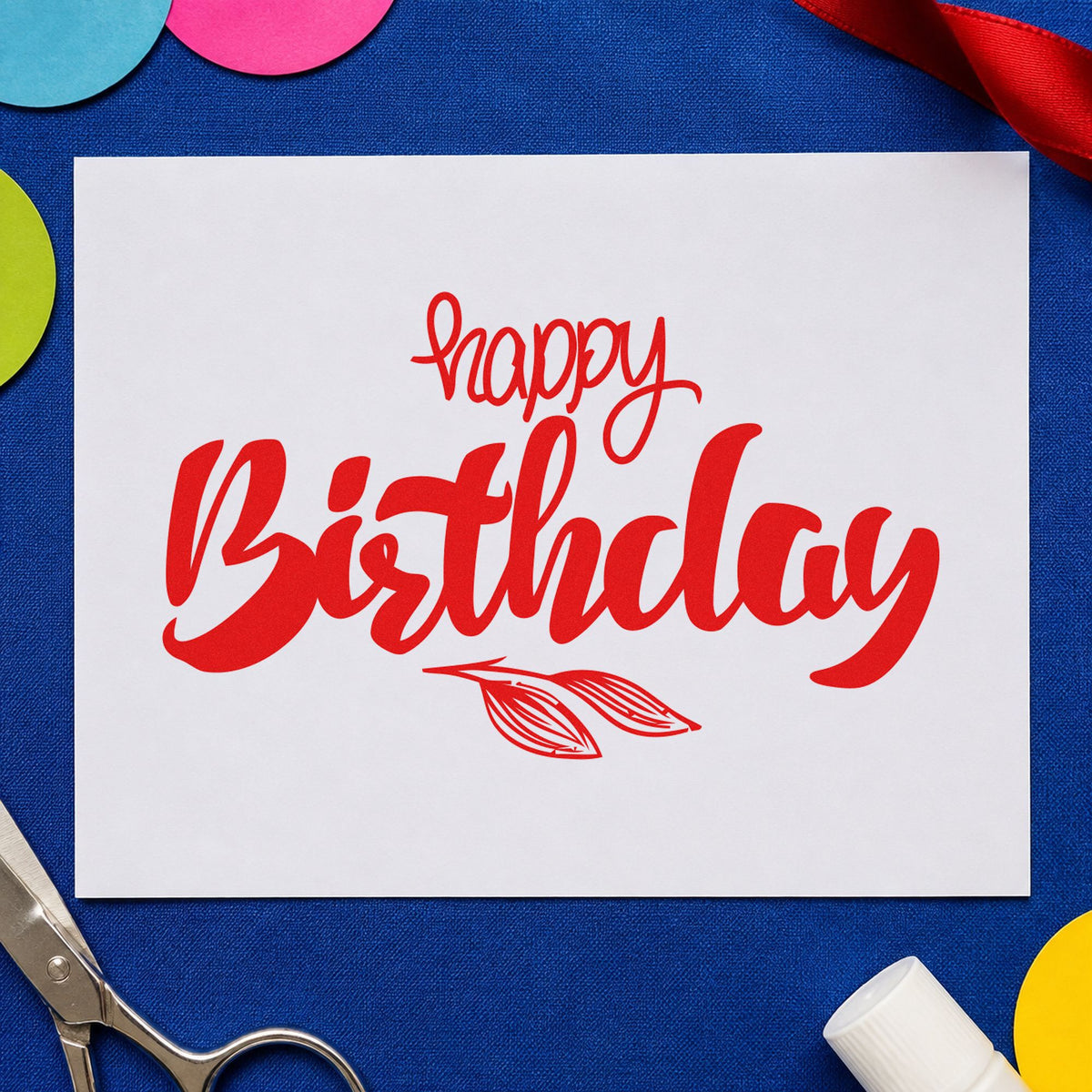Birthday Script Leaf Sprig rubber stamp shown in red ink, stamped for projects such as shelf light labels.