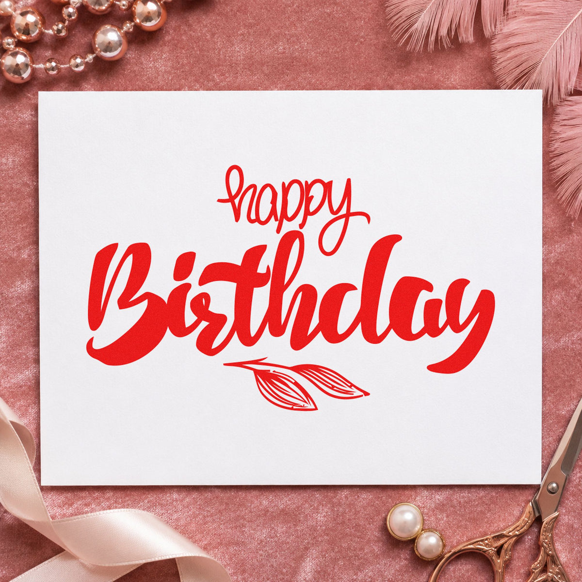 Birthday Script Leaf Sprig craft stamp imprint in red ink on a handmade project, one idea being care guide cards.