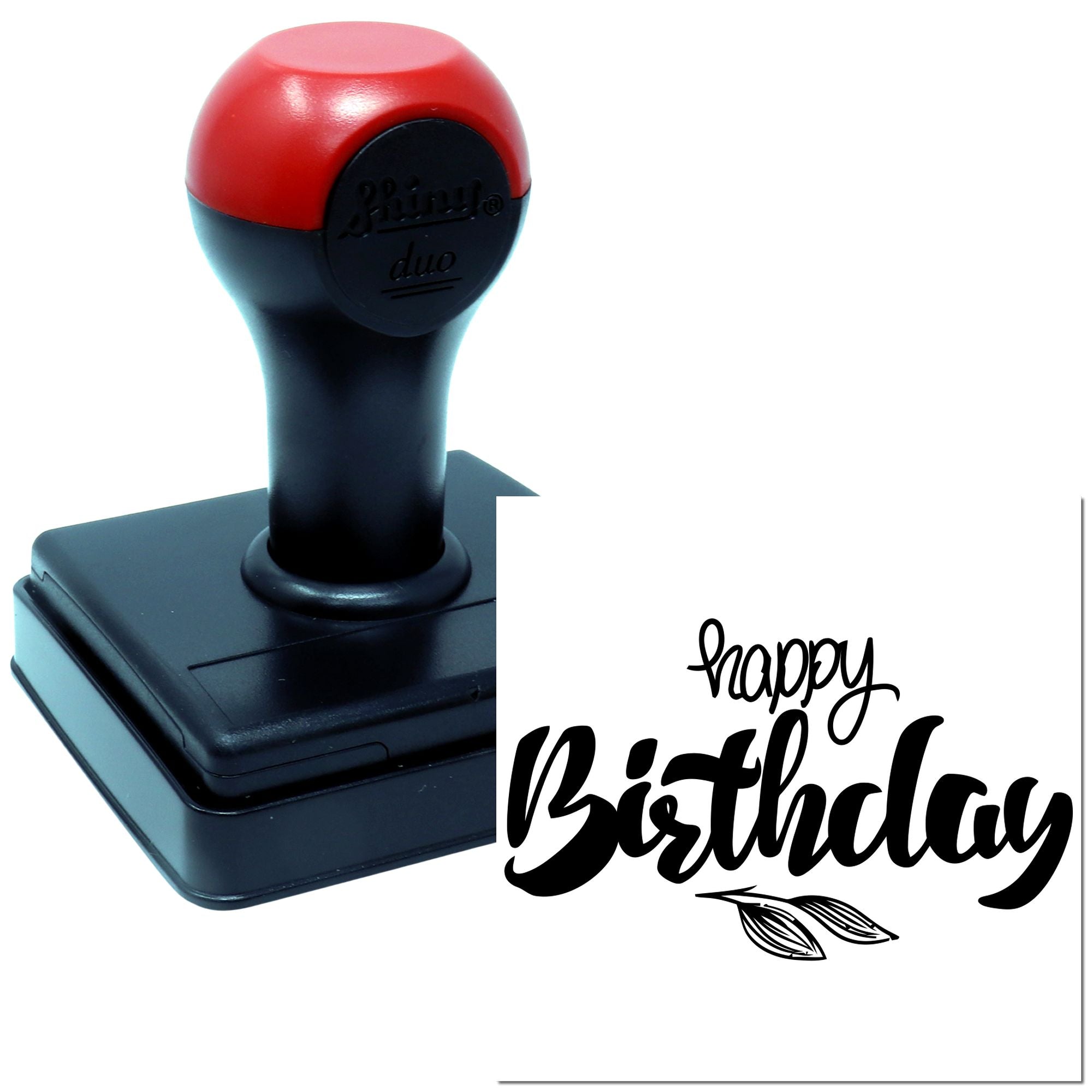 Custom self-inking rubber stamp with Happy Birthday design for greeting cards, party packaging, and craft projects.