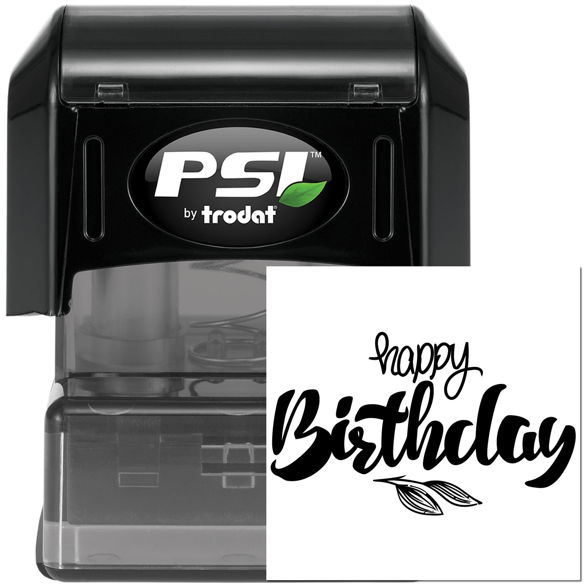 PSI by Trodat self-inking rubber stamp with Happy Birthday design for birthday cards, gifts, and party packaging.