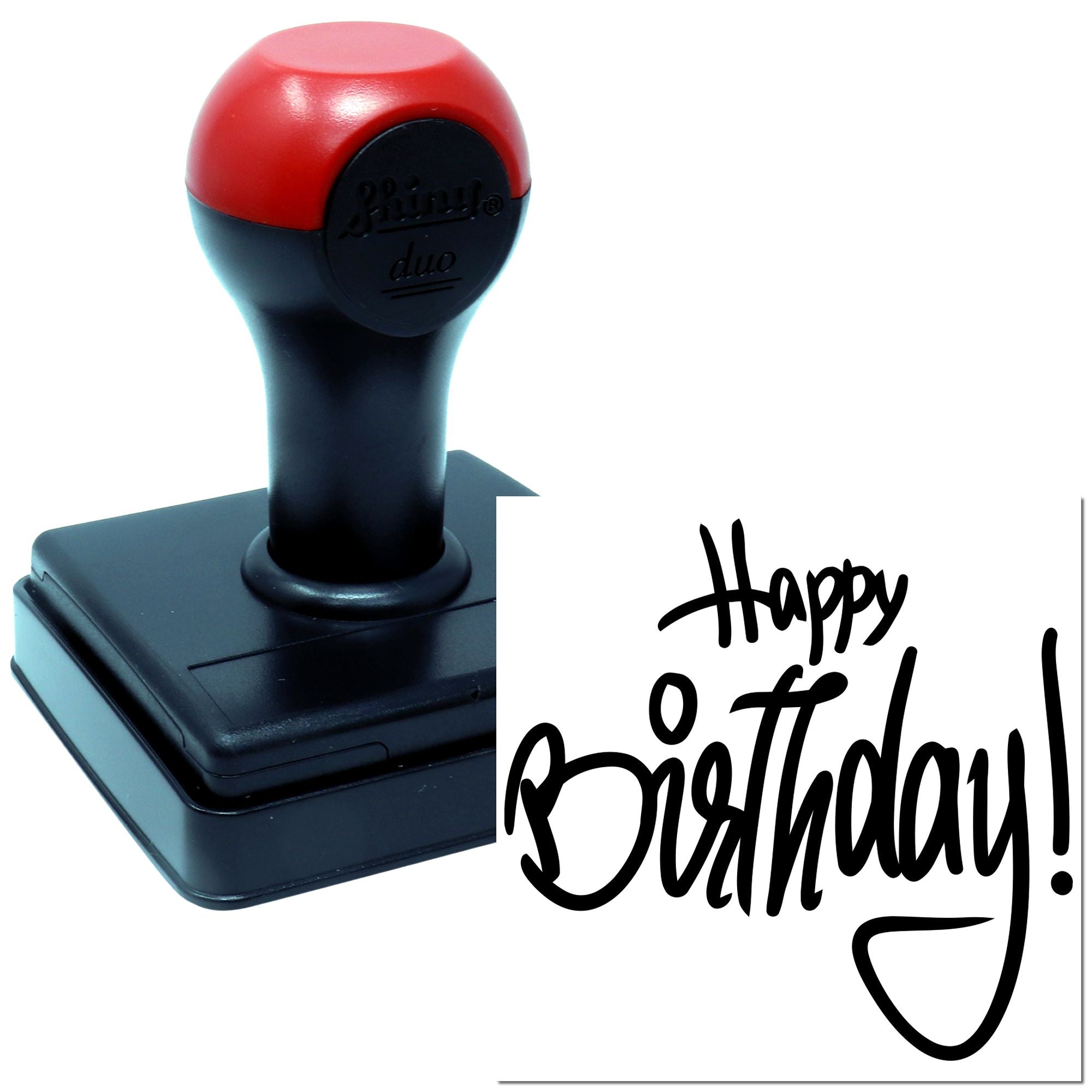 Happy Birthday self-inking rubber stamp with custom greeting impression for cards, crafts, and party invitations.
