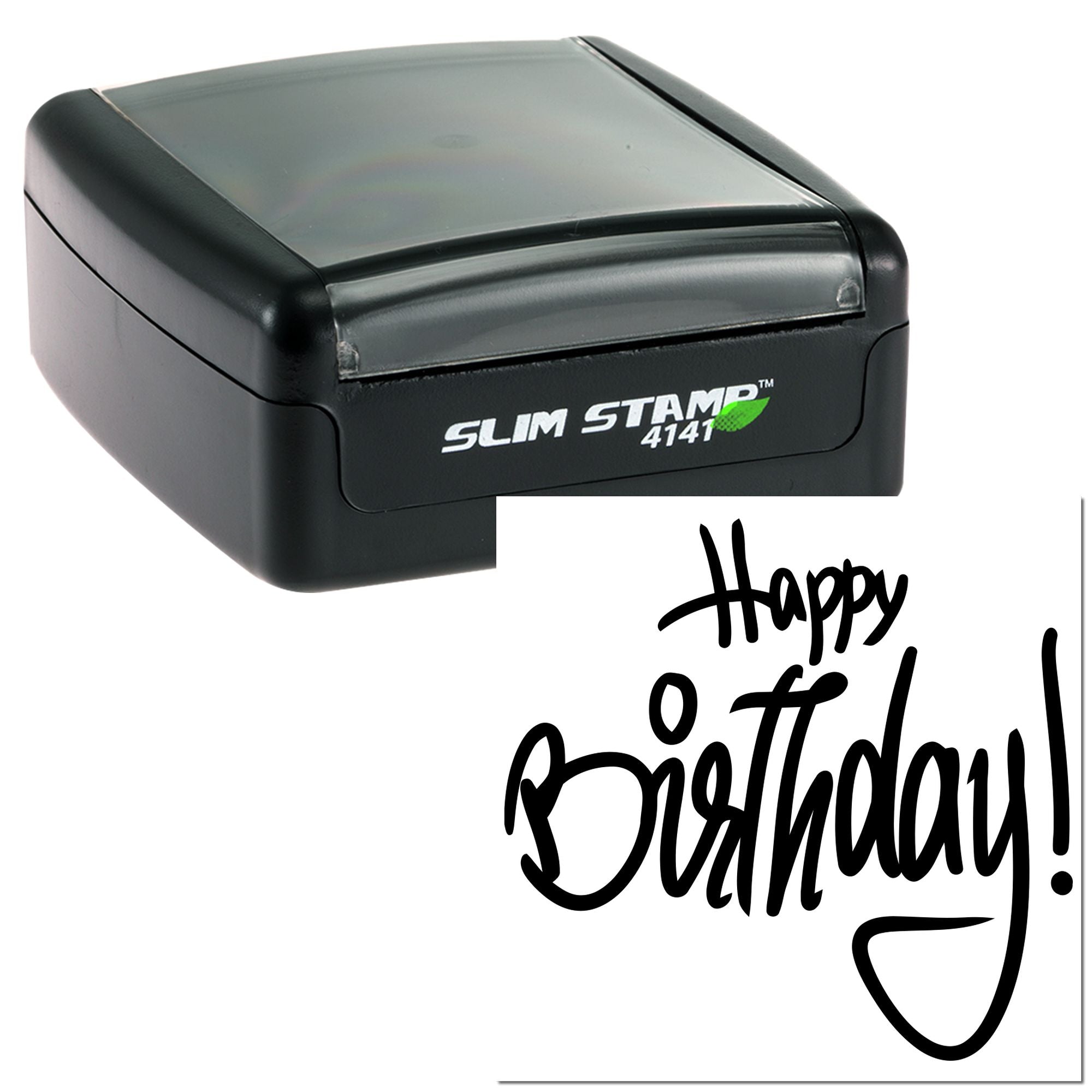 Slim Stamp 4141 self-inking rubber stamp with Happy Birthday design for custom cards, invitations, and crafts.