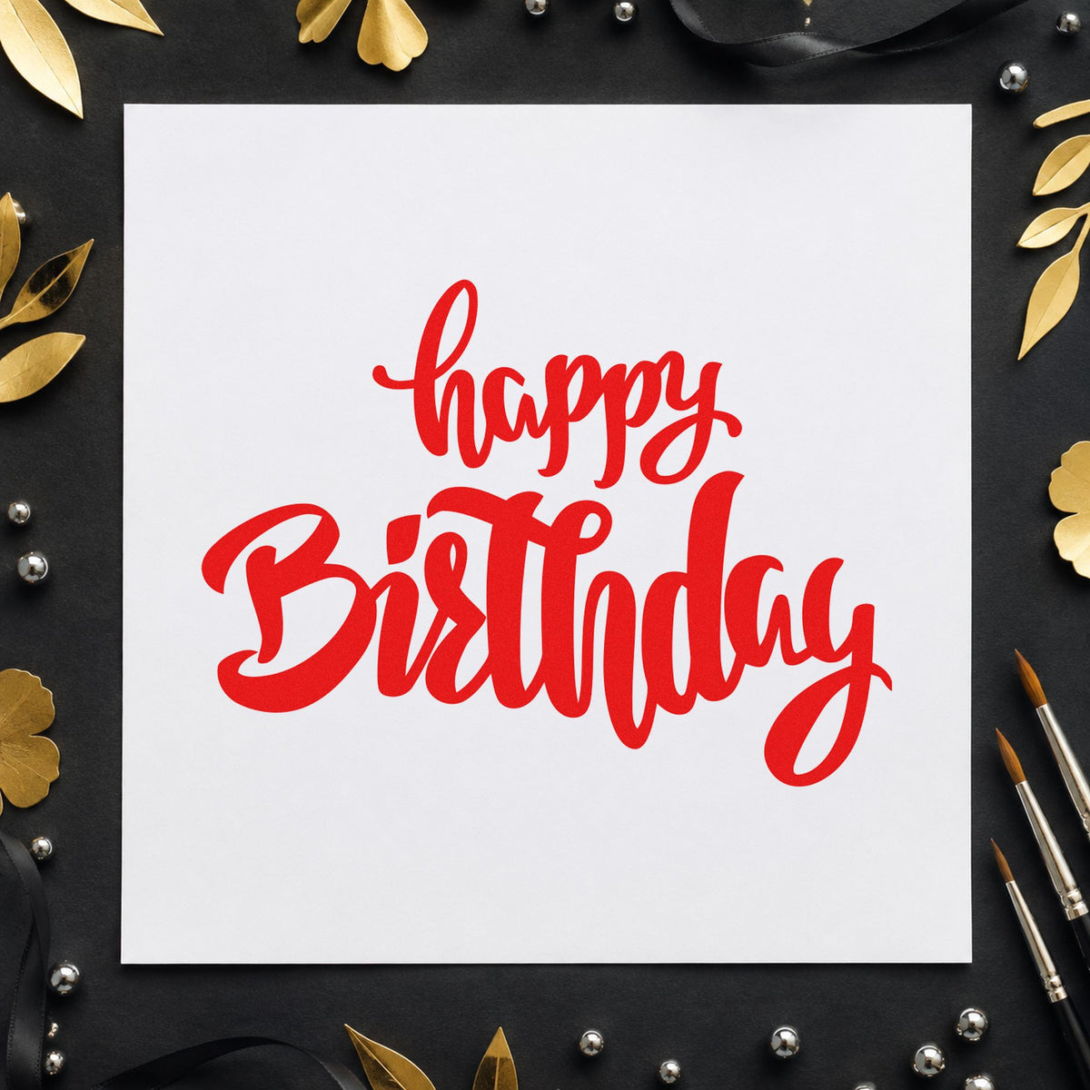 Happy Birthday Heavy Script craft stamp imprint in red ink on a handmade project, one idea being cocktail menu cards.