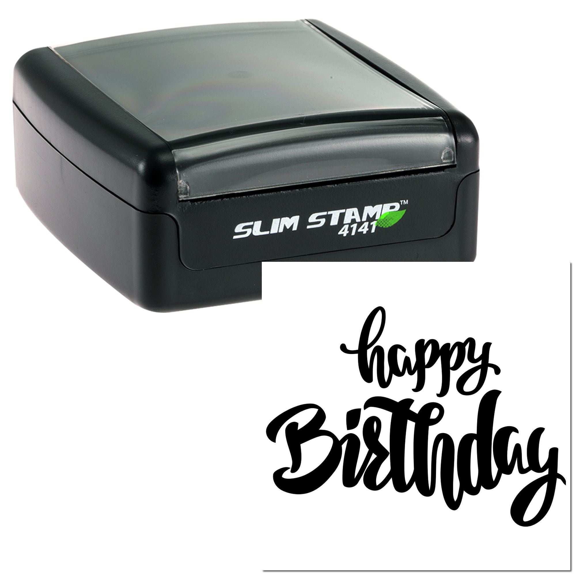Self-inking rubber stamp with Happy Birthday design for custom cards, packaging, and party invitations.