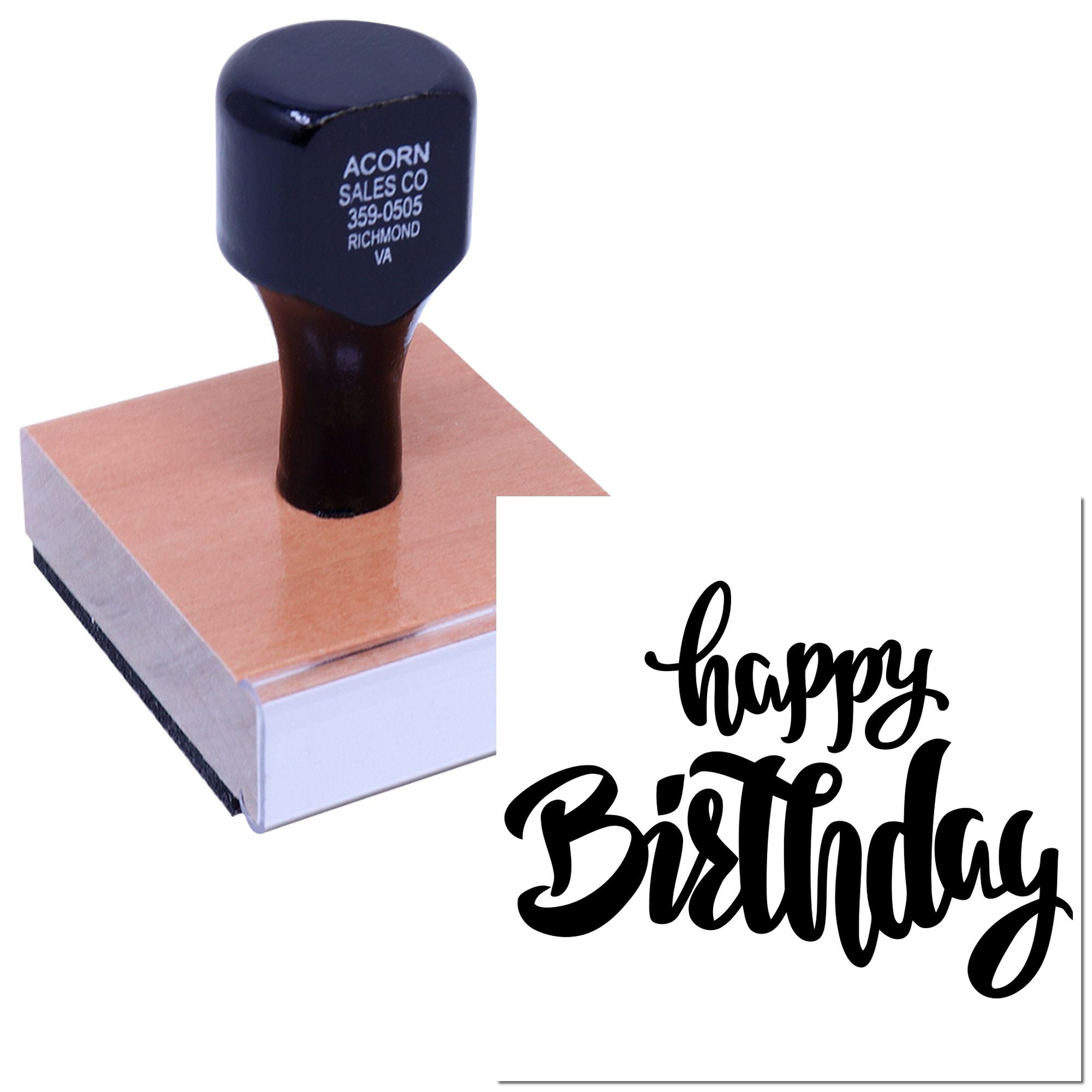 Happy Birthday rubber stamp on wooden block for custom greeting cards, invitations, and party packaging.