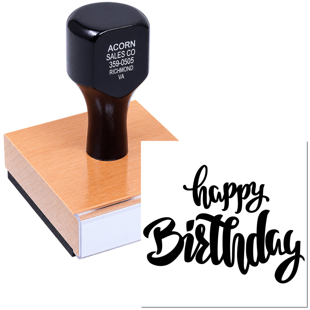 Happy Birthday rubber stamp on wooden block for custom greeting cards, invitations, and party packaging.
