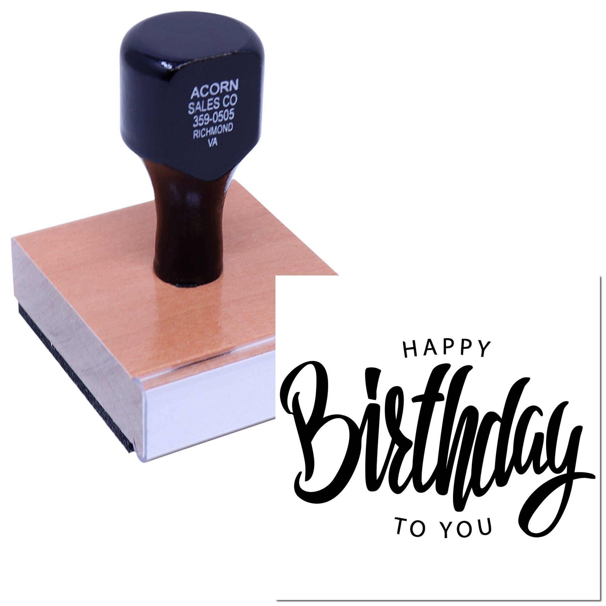 Custom rubber stamp with Happy Birthday to You impression for personalized birthday cards and invitations.