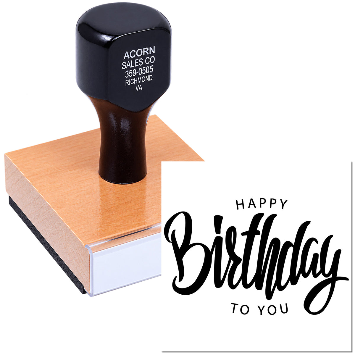 Custom rubber stamp with Happy Birthday to You impression for personalized birthday cards and invitations.