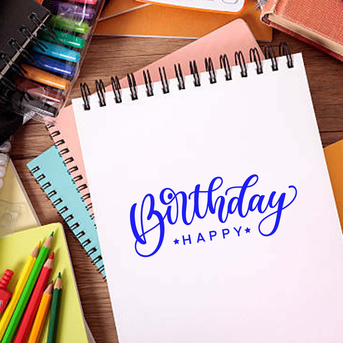 Birthday Happy Reversed Layout rubber stamp shown in blue ink, stamped for projects such as shop year album page.