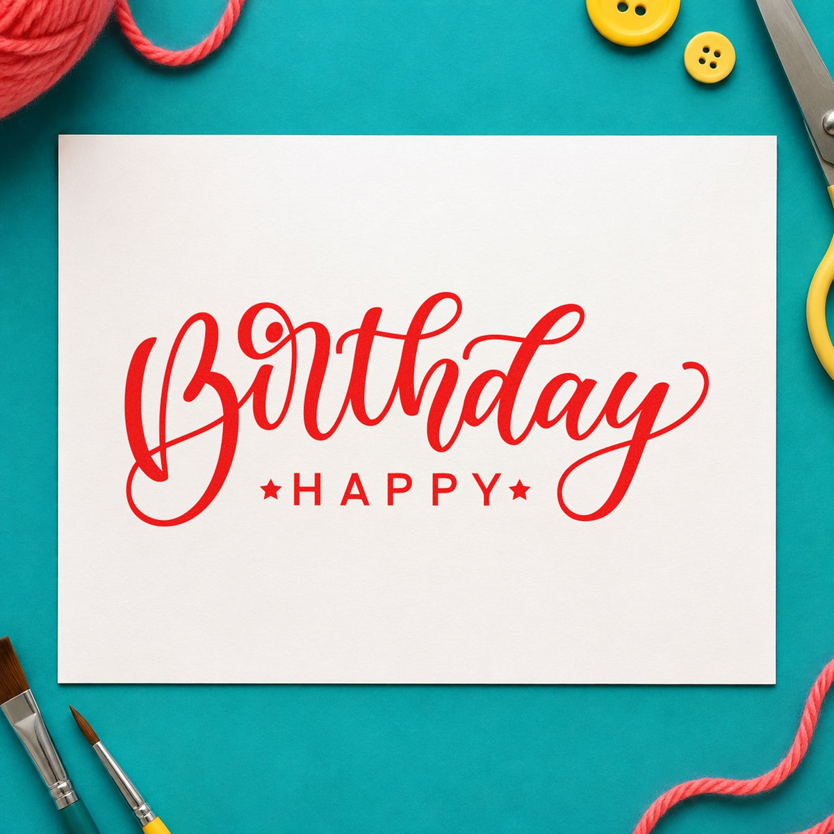 Birthday Happy Reversed Layout rubber stamp shown in red ink, stamped for projects such as drawer sample labels.