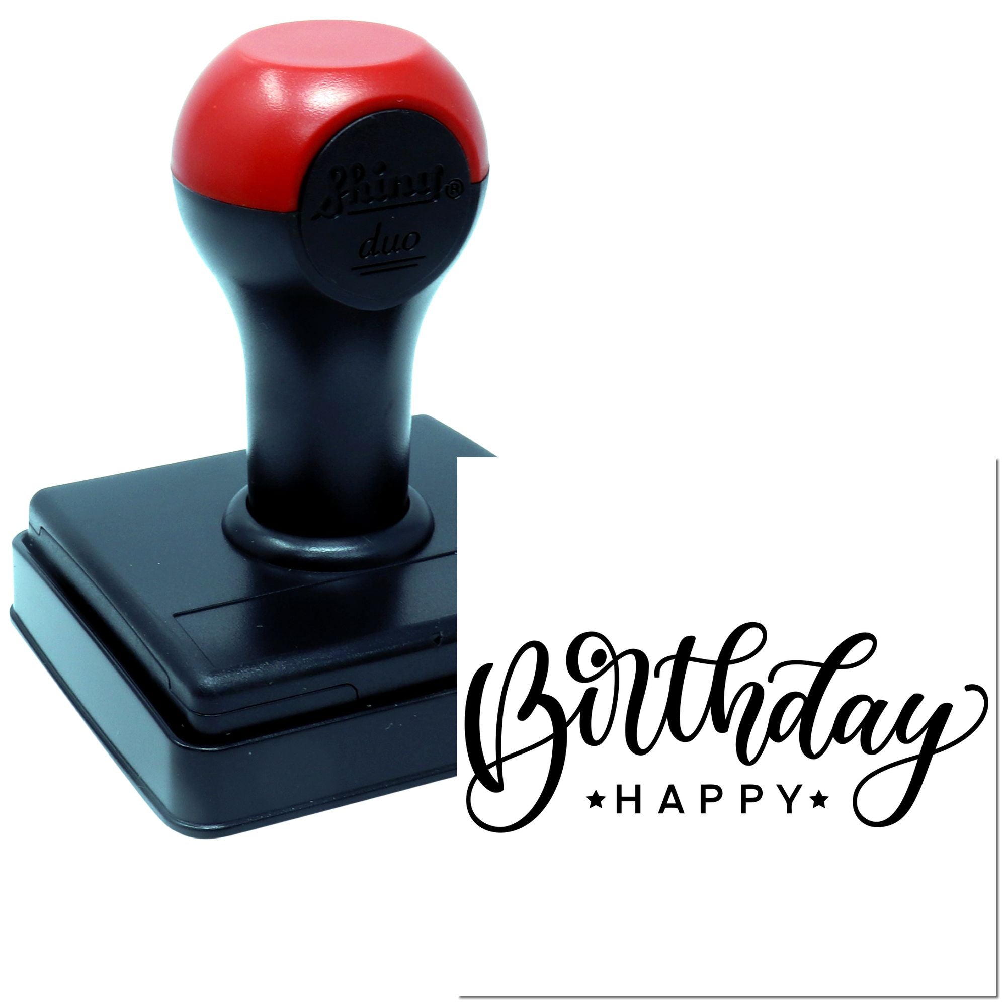 Custom self-inking birthday rubber stamp with Birthday Happy design for cards, invitations, and crafts.