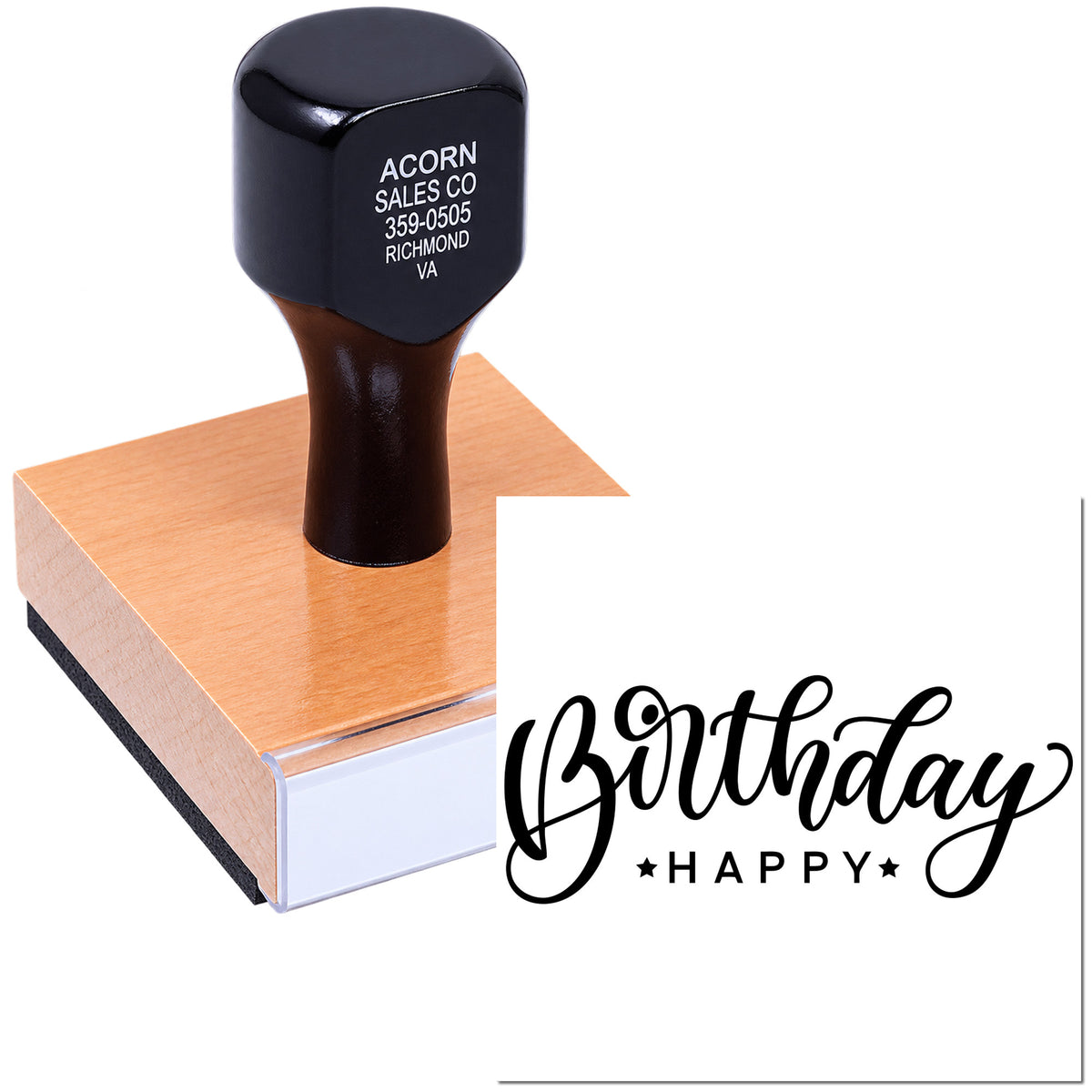 Birthday Happy custom rubber stamp for birthday cards, invitations, and party crafts.