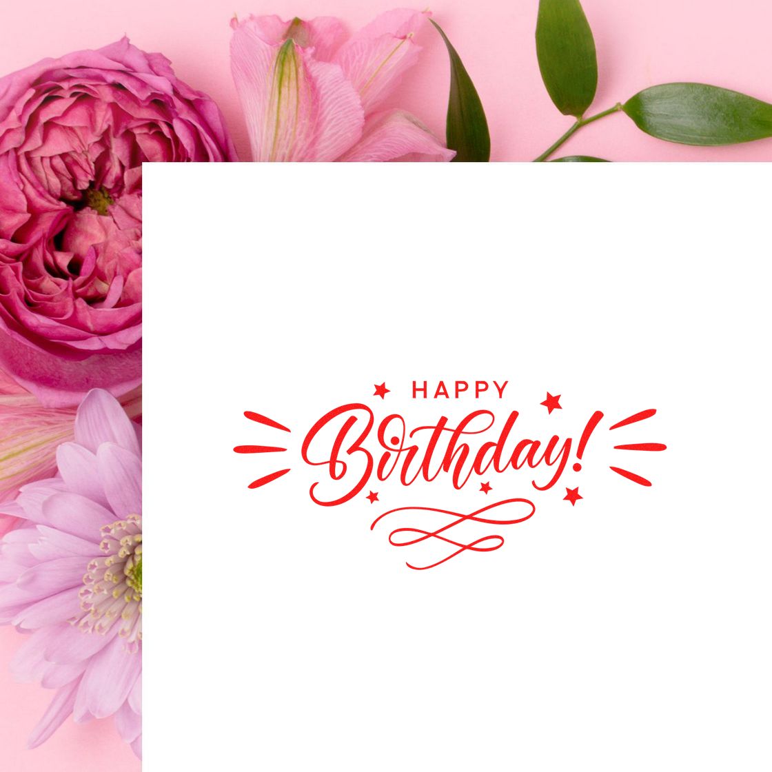 Happy Birthday rubber stamp design in red script with floral accents on a pink flower background for birthday cards and crafts.