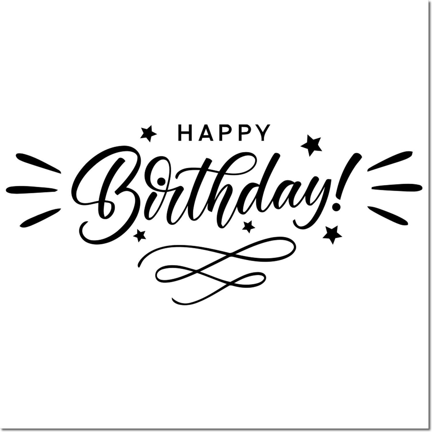 Happy Birthday rubber stamp design with stars and decorative swirls for birthday cards, crafts, and party invitations.