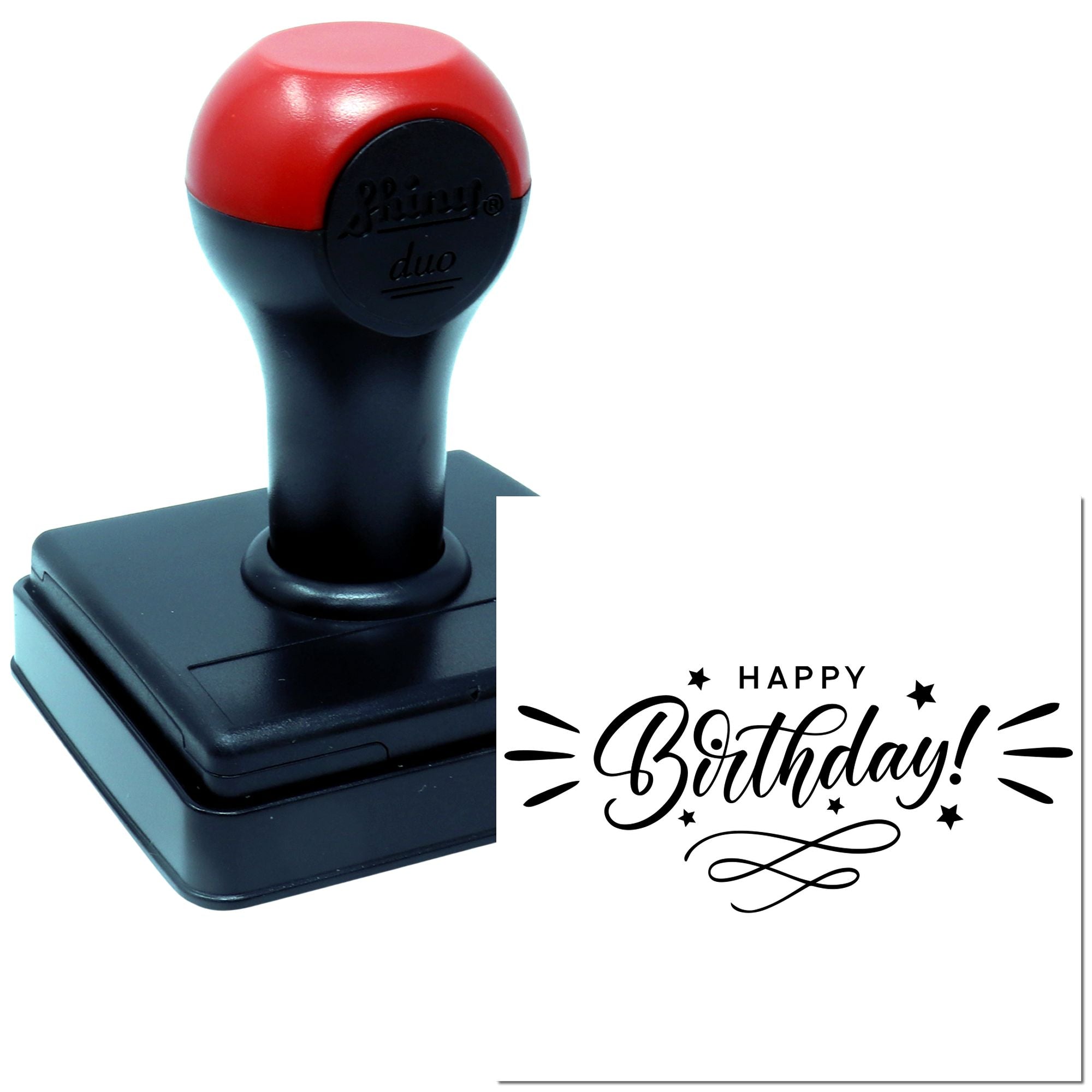 Custom self-inking rubber stamp with Happy Birthday imprint for invitations, cards, crafts, and party packaging.